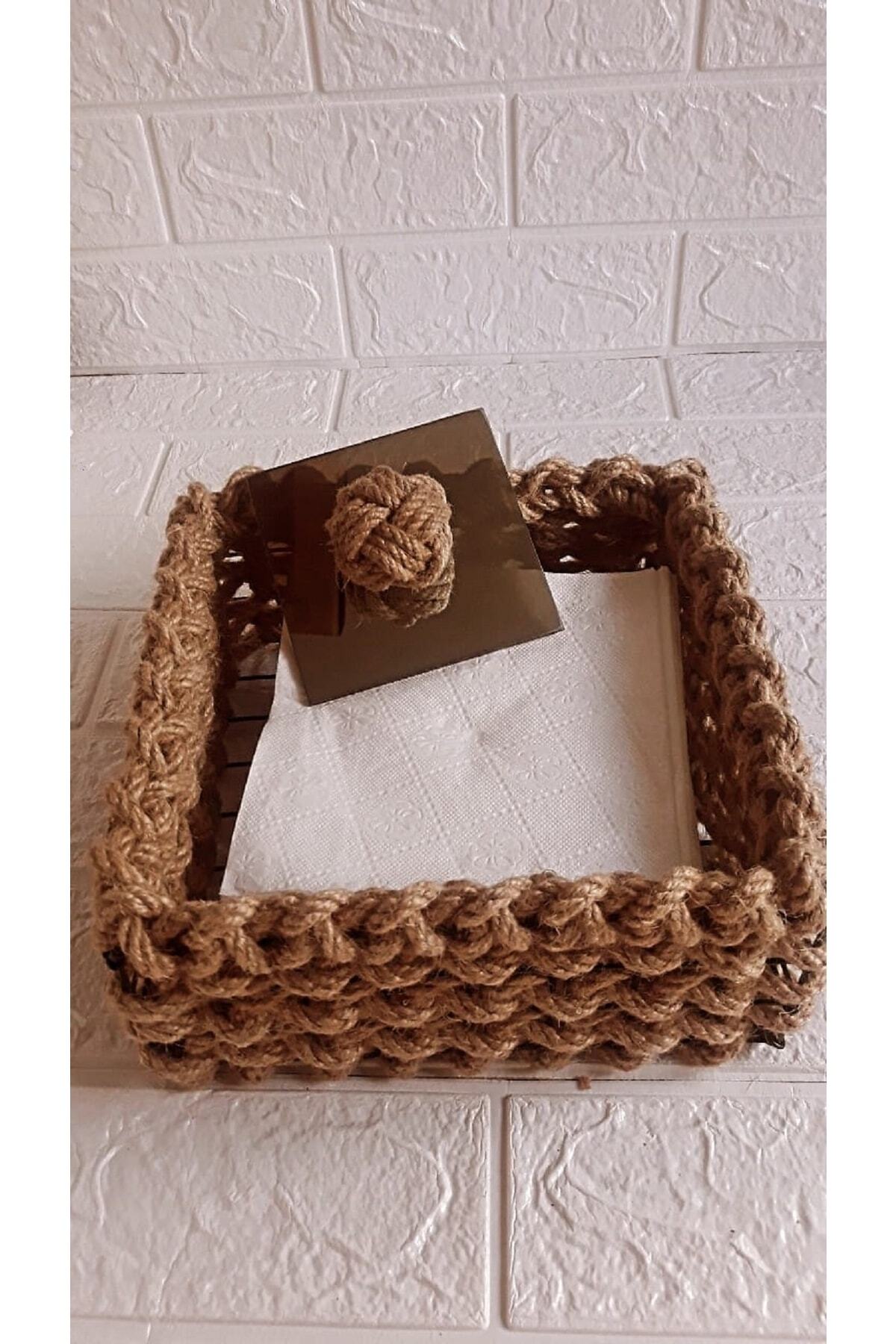 Egindra-Wicker Jute Mini Basket - Cornered and Square Decorative, Glass Lid, Organizer-Napkin Holder 2