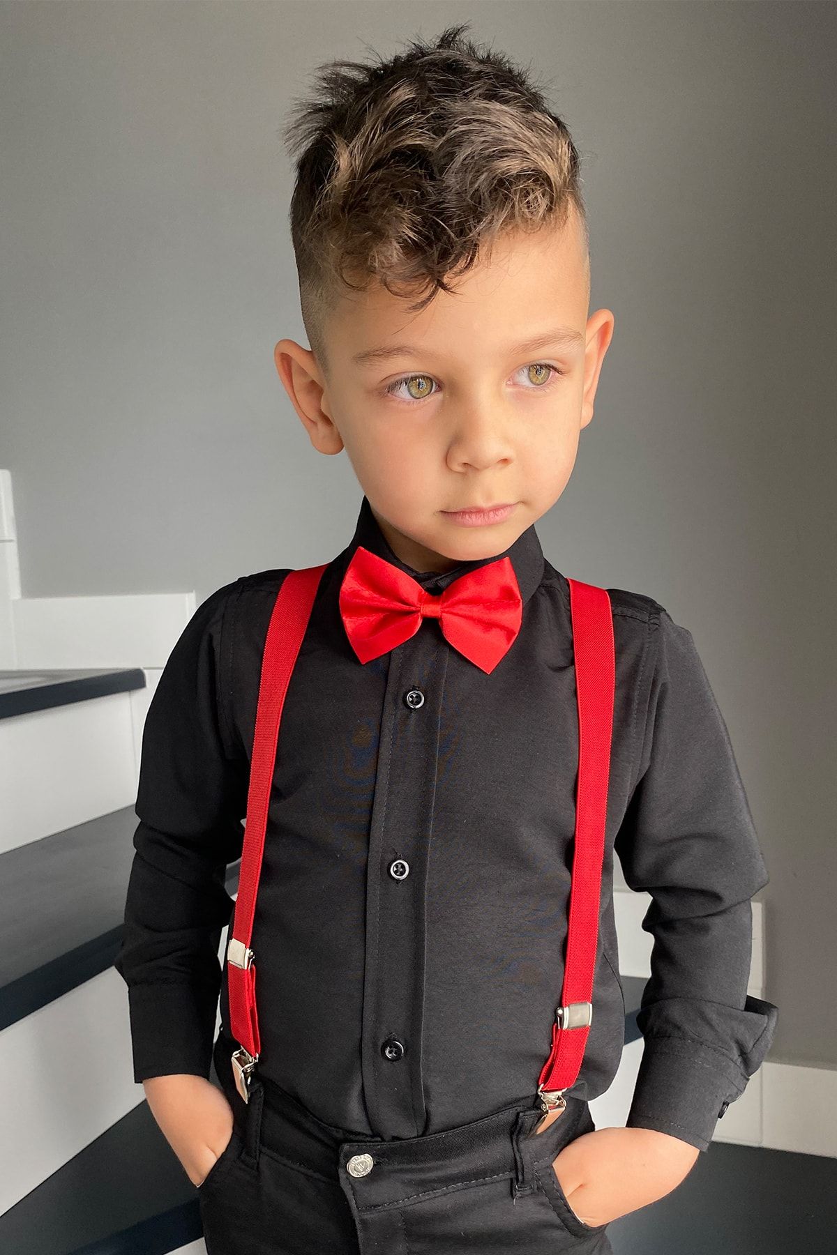 Entel Boy s Long Sleeve Plain Black Shirt Strap Bow Tie 3 Piece Set Trendyol