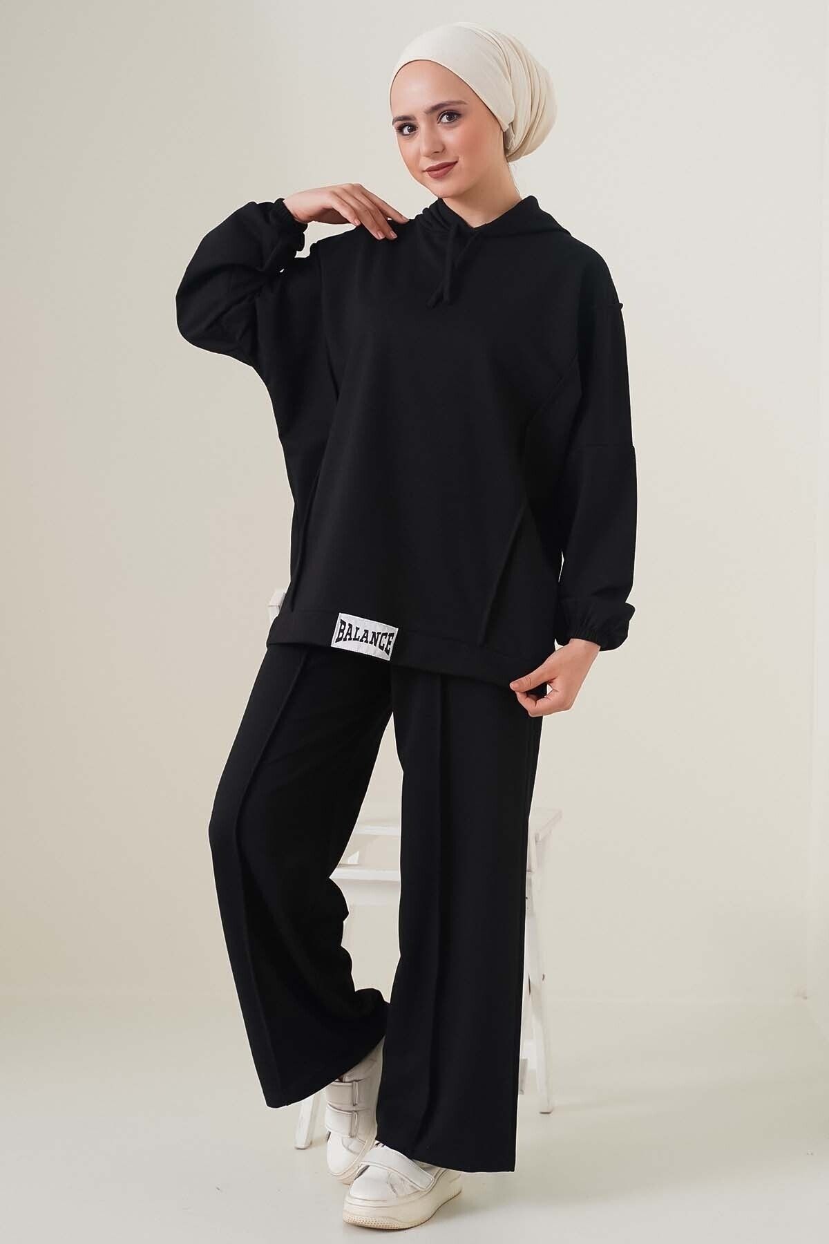 VEGAMOD Hooded Balance Text Embroidered 2 Piece Hijab Tracksuit Set