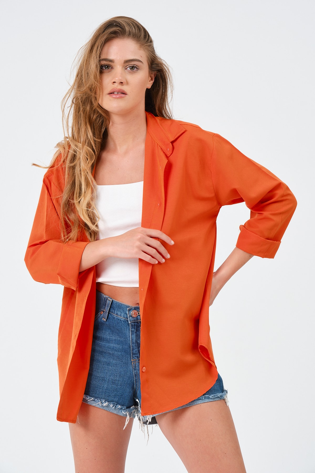 modazoom  Kadın Turuncu Oversize Uzun Basic Gömlek - Görsel 2
