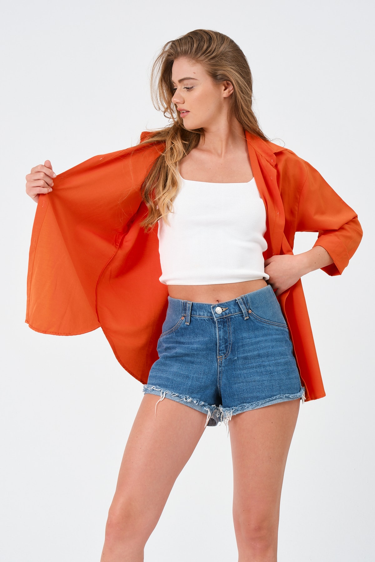 modazoom  Kadın Turuncu Oversize Uzun Basic Gömlek - Görsel 3