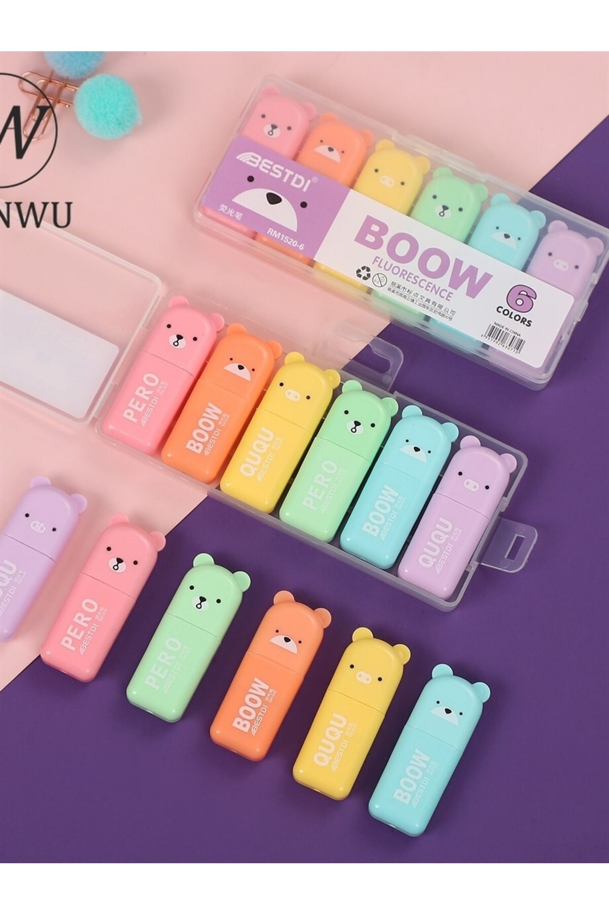 ibiş kids Boow 6lı Mini Fosforlu Kalem Seti Sevimli 6 Lı Ayıcık,kedicik