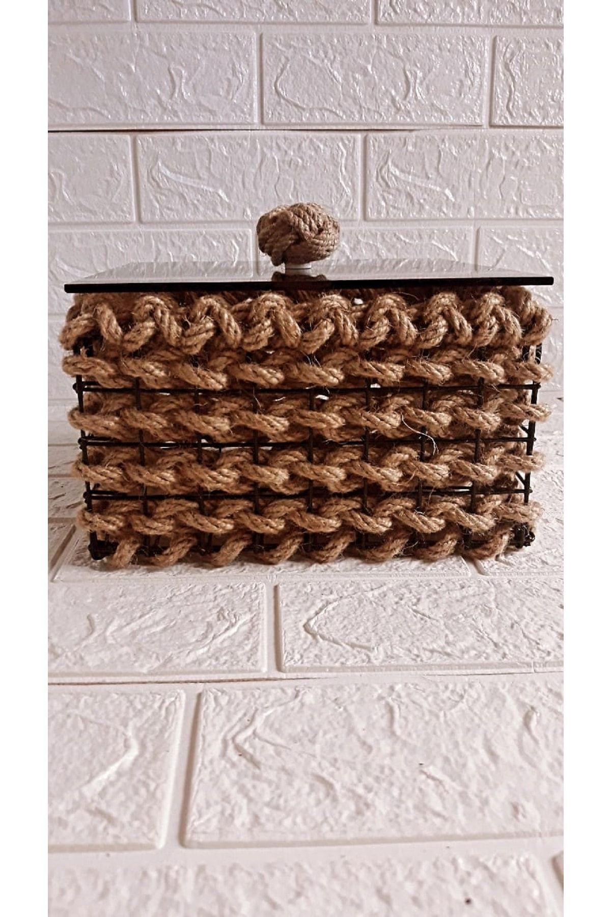 Egindra-Wicker Mini Decorative Basket - Organizer with Jute Corner and Square Glass Lid 1