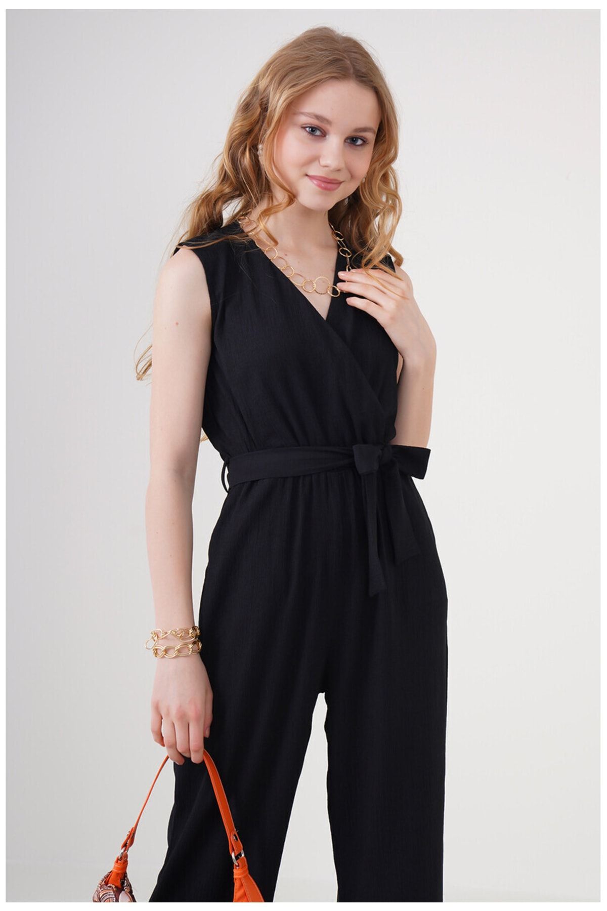 ubmbutik Belted Comfortable Fit Black Pera Jumpsuit Trendyol