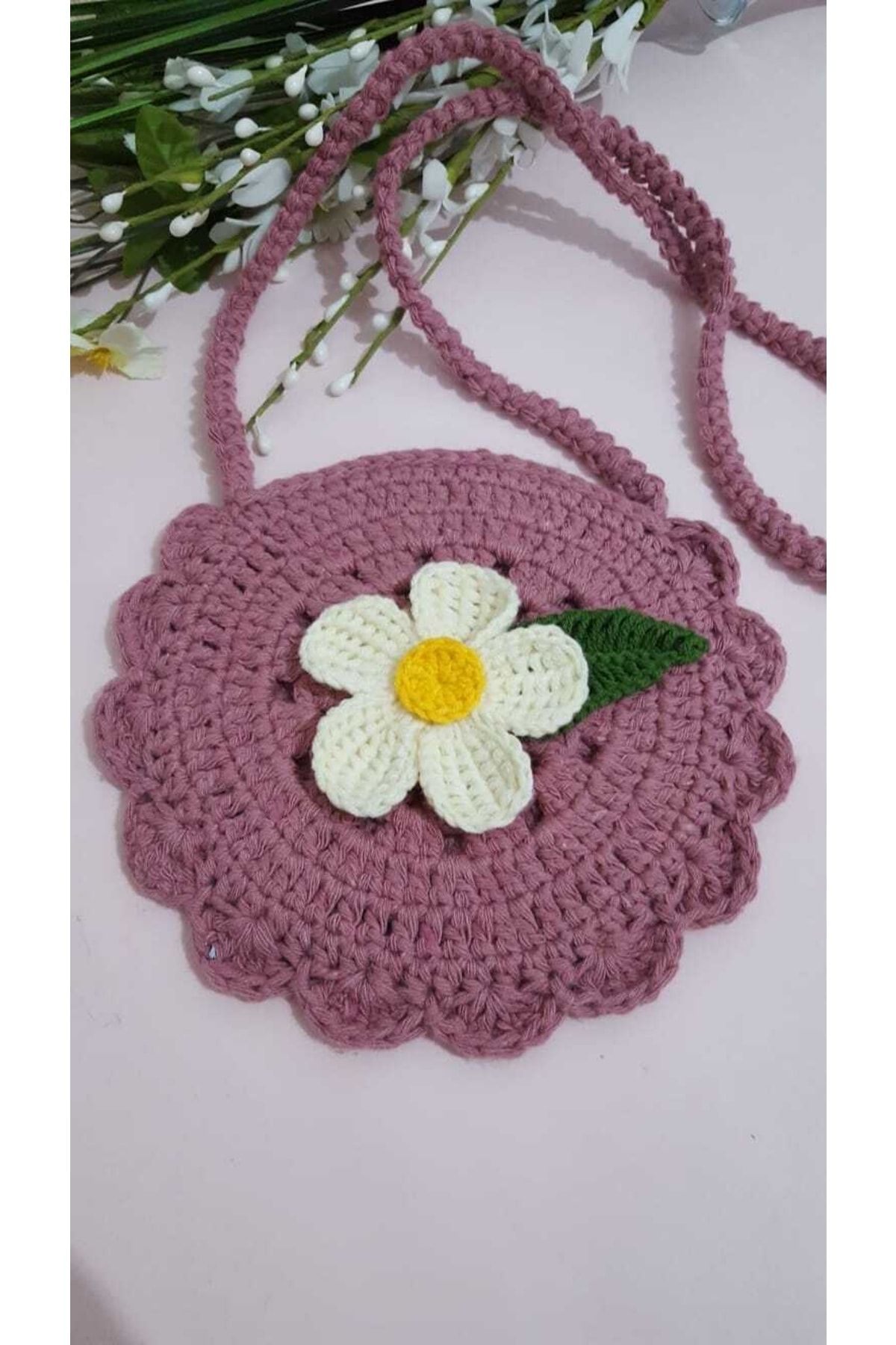 Kadın Girişimciler Atölyesi-Bag Daisy Motif Dried Rose Color Handmade Knitted Bag 2