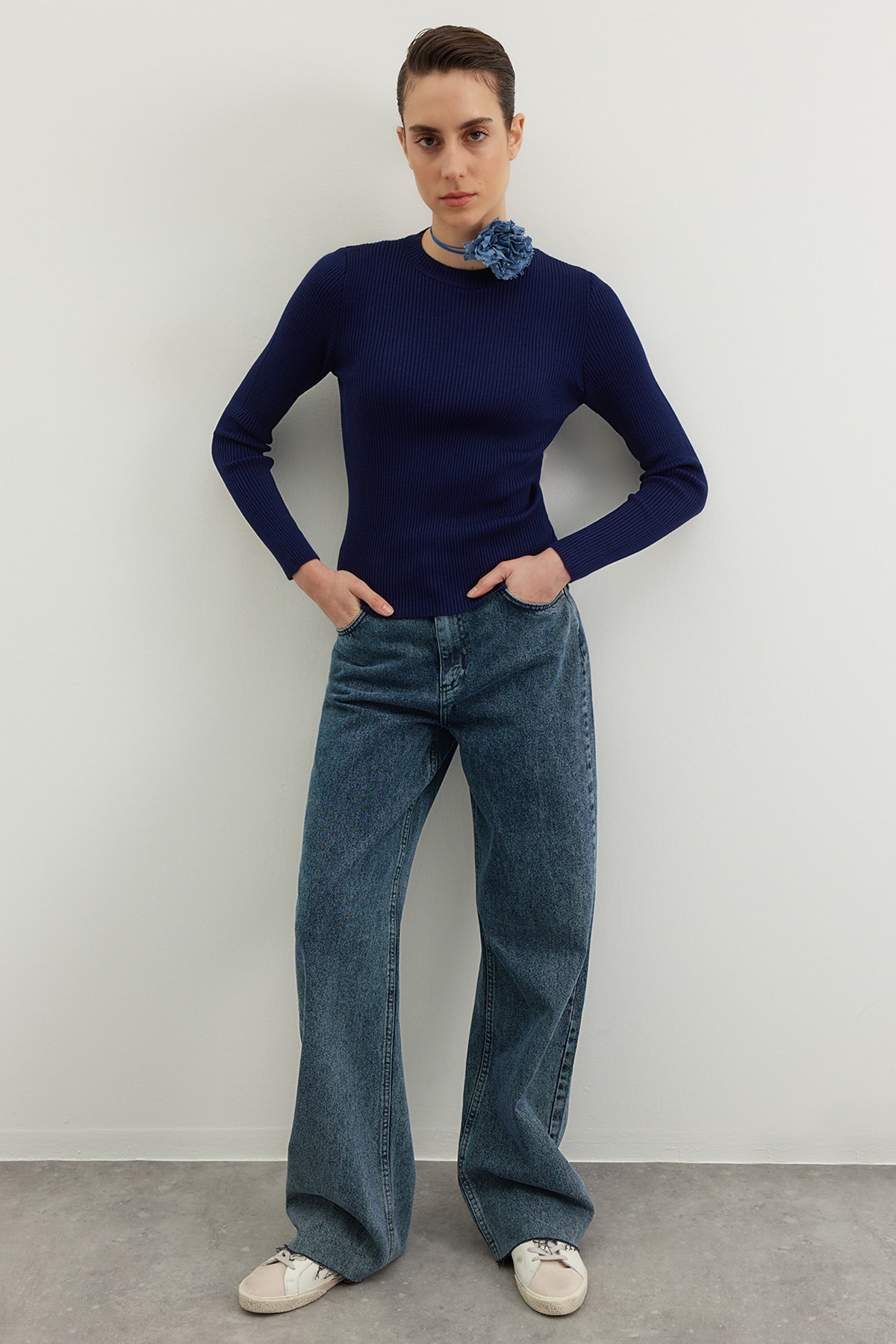 Trendyolmilla  Lacivert Basic Fitilli Triko Kazak TWOAW22KZ1708 - Görsel 4