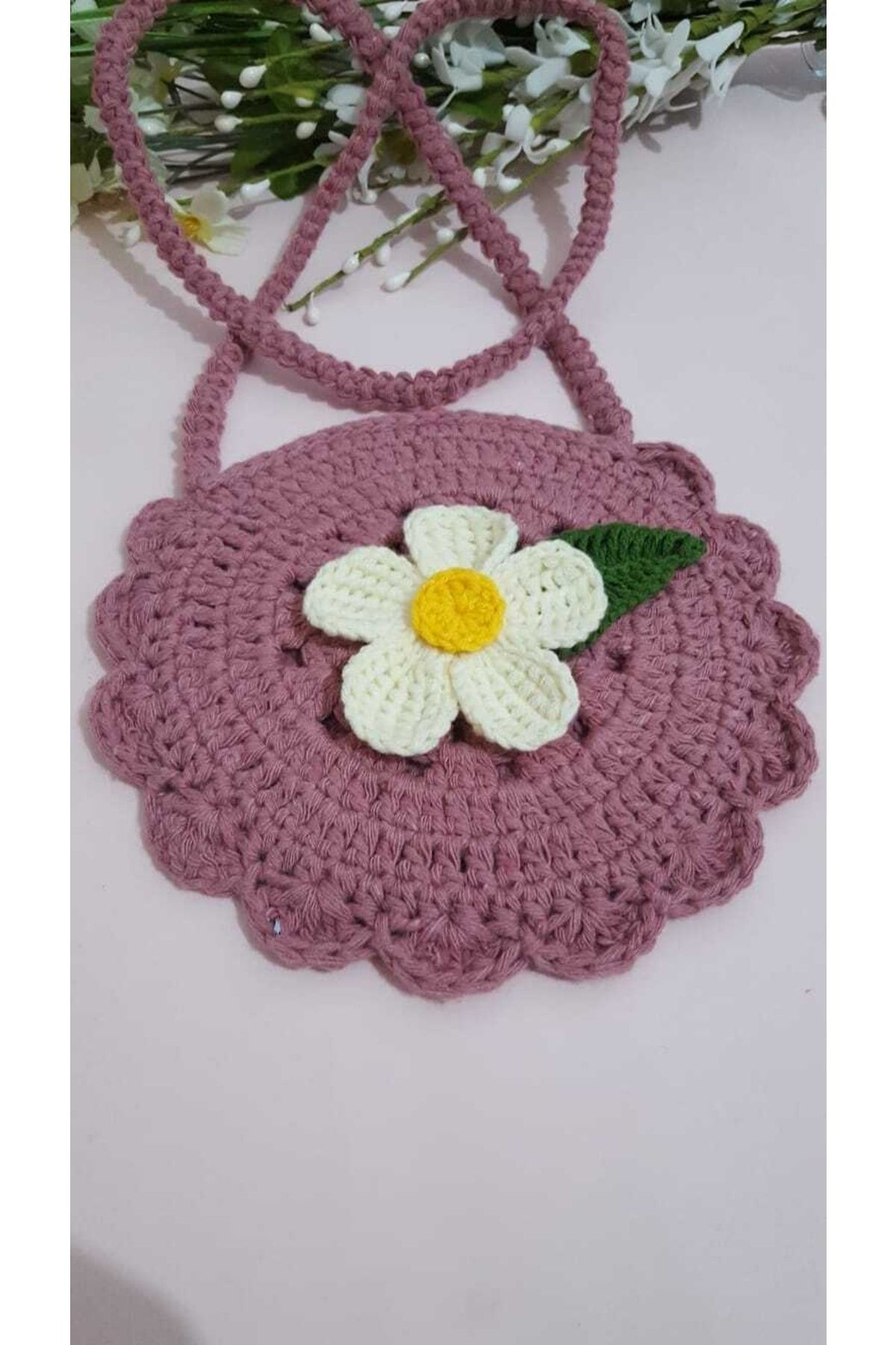 Kadın Girişimciler Atölyesi-Bag Daisy Motif Dried Rose Color Handmade Knitted Bag 3