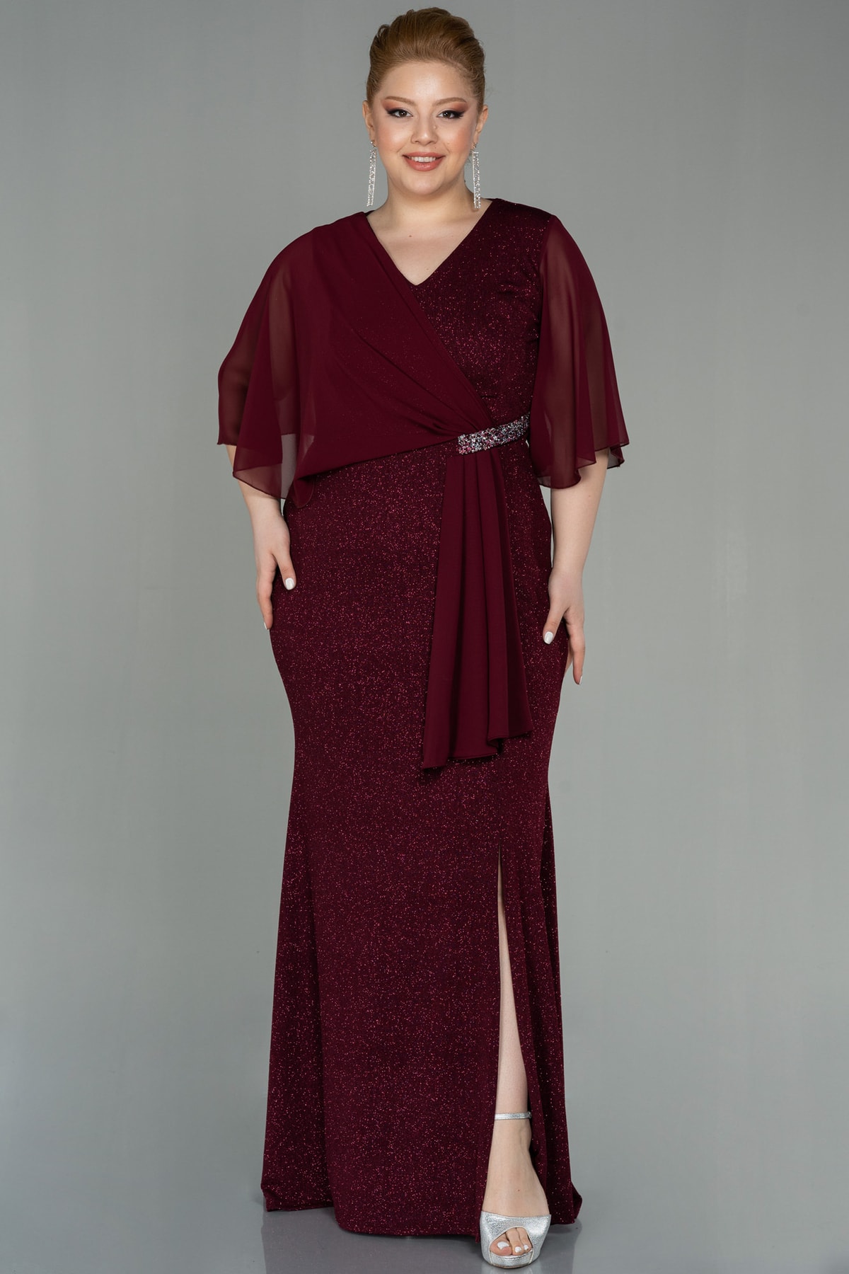 Claret Red Chiffon Short Sleeve Long Glitter Plus Size Evening Dress Abu2979