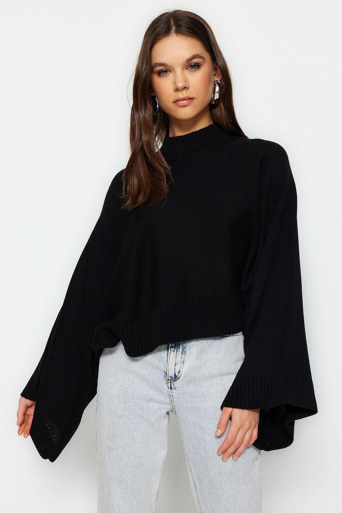 Trendyol Collection-Fekete széles szabású denevérujjú kötöttáru pulóver TWOAW23KZ01838 3