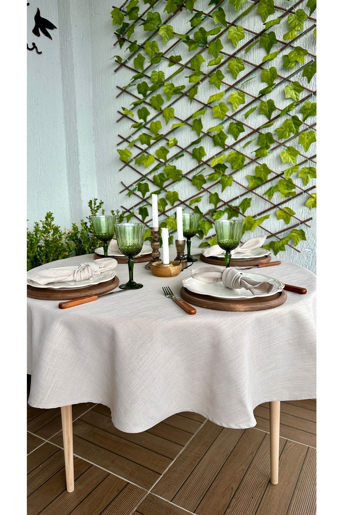 Decamor home-Linen Textured Beige Round Table Cloth 7