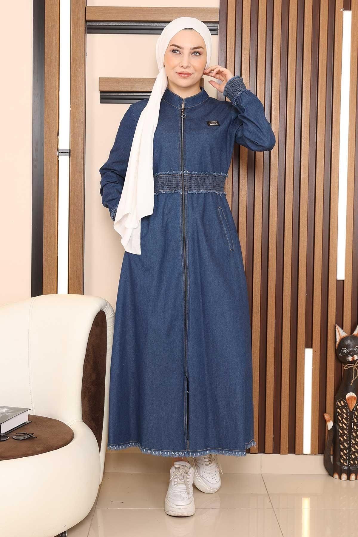 ModaMihram Zippered Elastic Waist Denim Abaya Dark Denim 10578