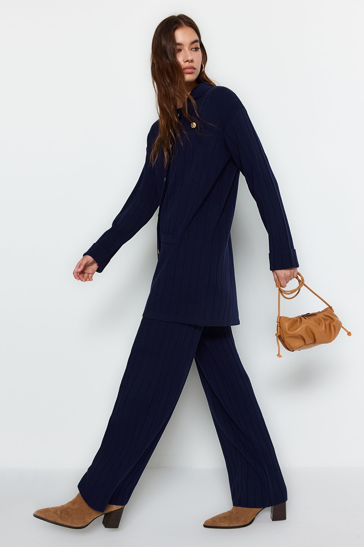 Trendyol Modest Navy Blue Corded Knitwear Cardigan Sweater-Pant Bottom-Top Set TCTAW24US00003