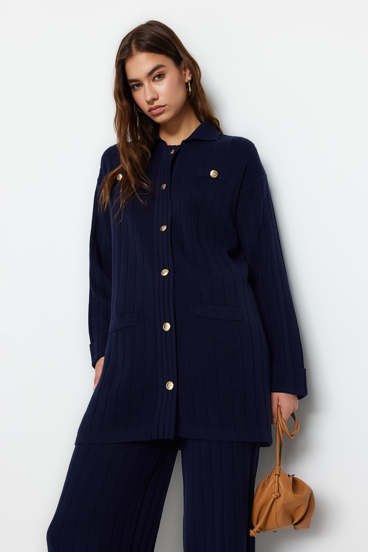 Trendyol Modest Navy Blue Corded Knitwear Cardigan Sweater-Pant Bottom-Top Set TCTAW24US00003