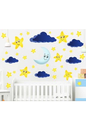 Rengarenk Ay, Yıldız ve Bulutlar Duvar Sticker WALLST0003
