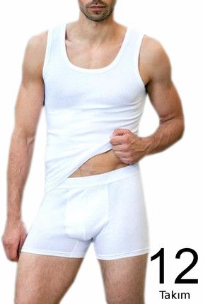 Erkek Beyaz 12'li Paket Ribana Atlet likralı Boxer Takım ELF568T01020114CCM12