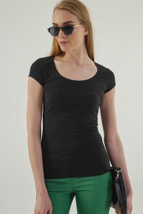 Kadın Siyah Monalisa Balen Yaka Kısa Kol T-Shirt 5610