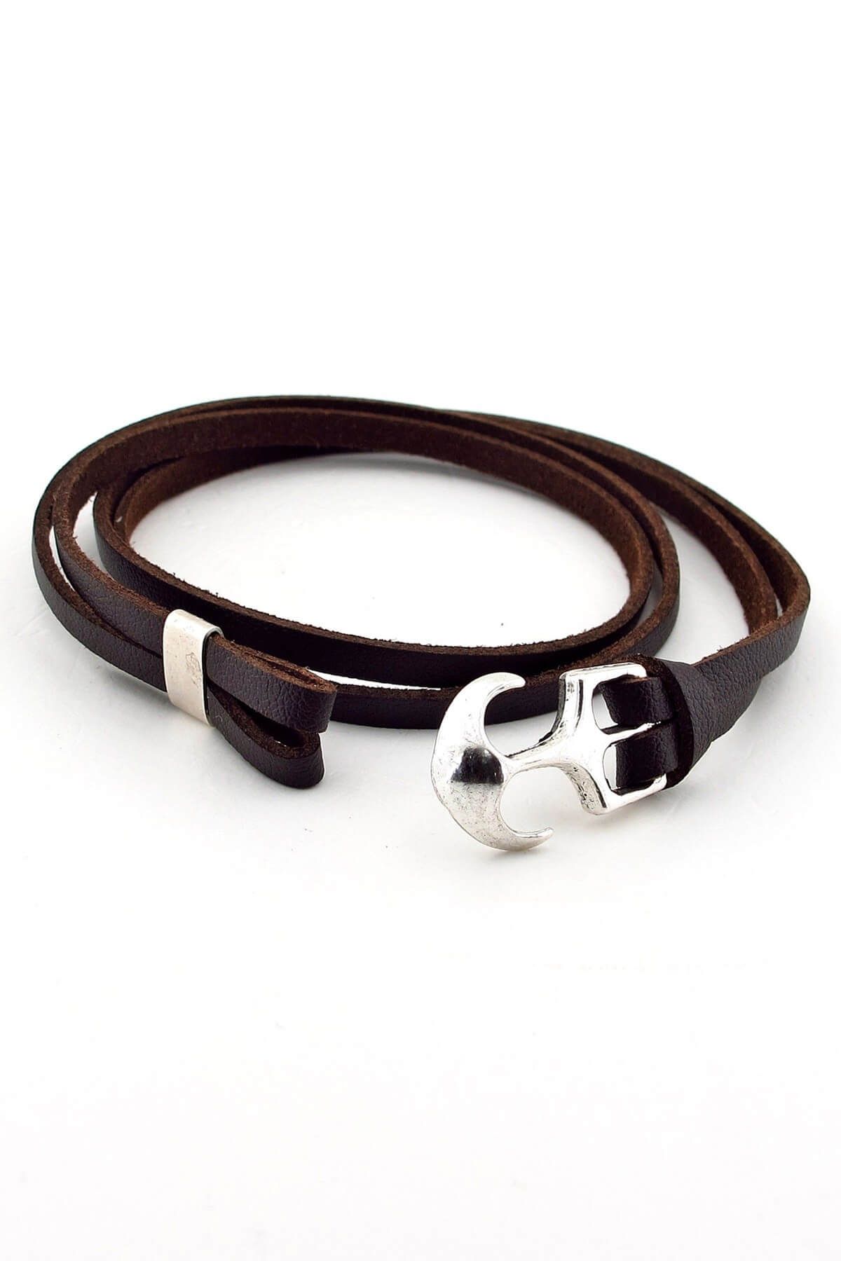 Solfera-Men's Two Sira Wrap Anchor Brown Original Leather Bracelet BT370 2