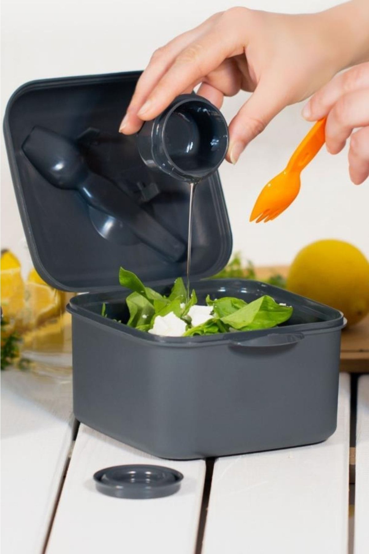 Flosoft-Diet and Vegetarian Storage Container - Salad Container with Fork and Sauce Bowl 3