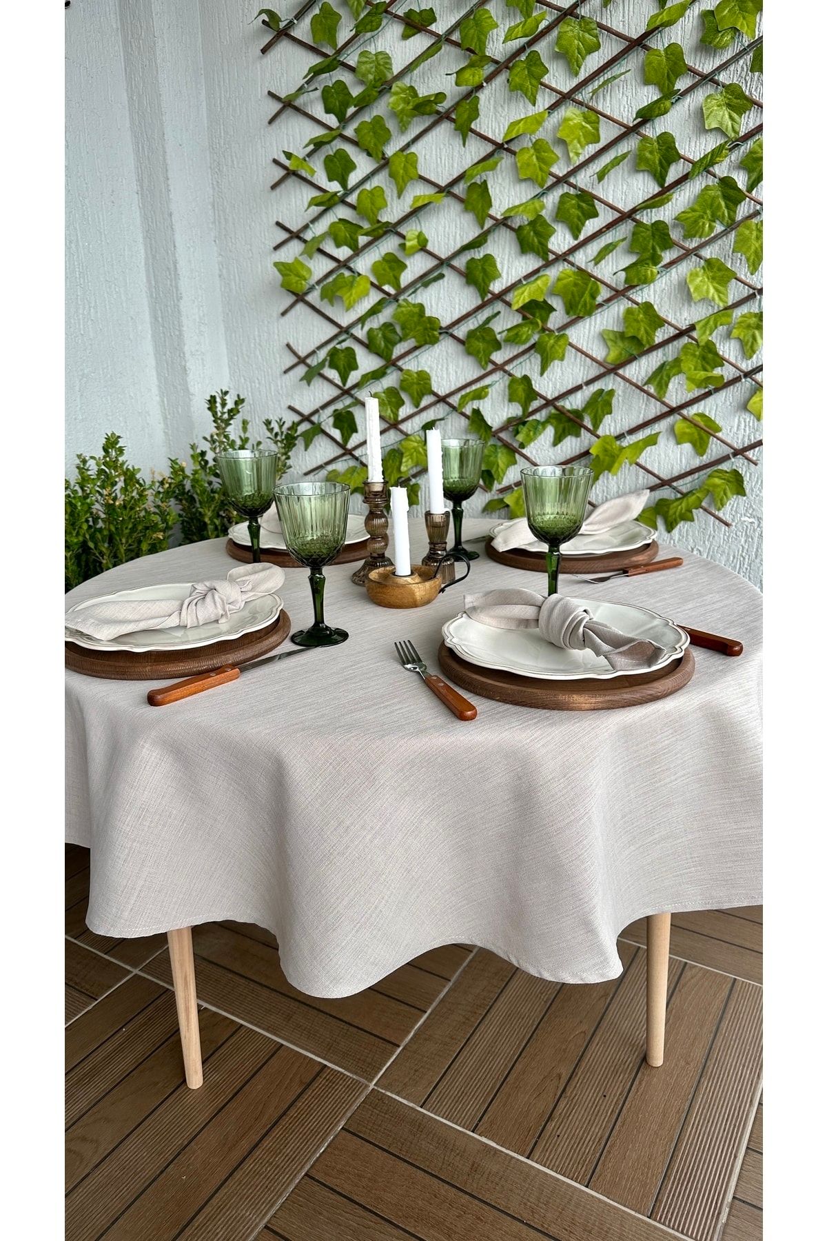 Decamor home-Linen Textured Beige Round Table Cloth 6