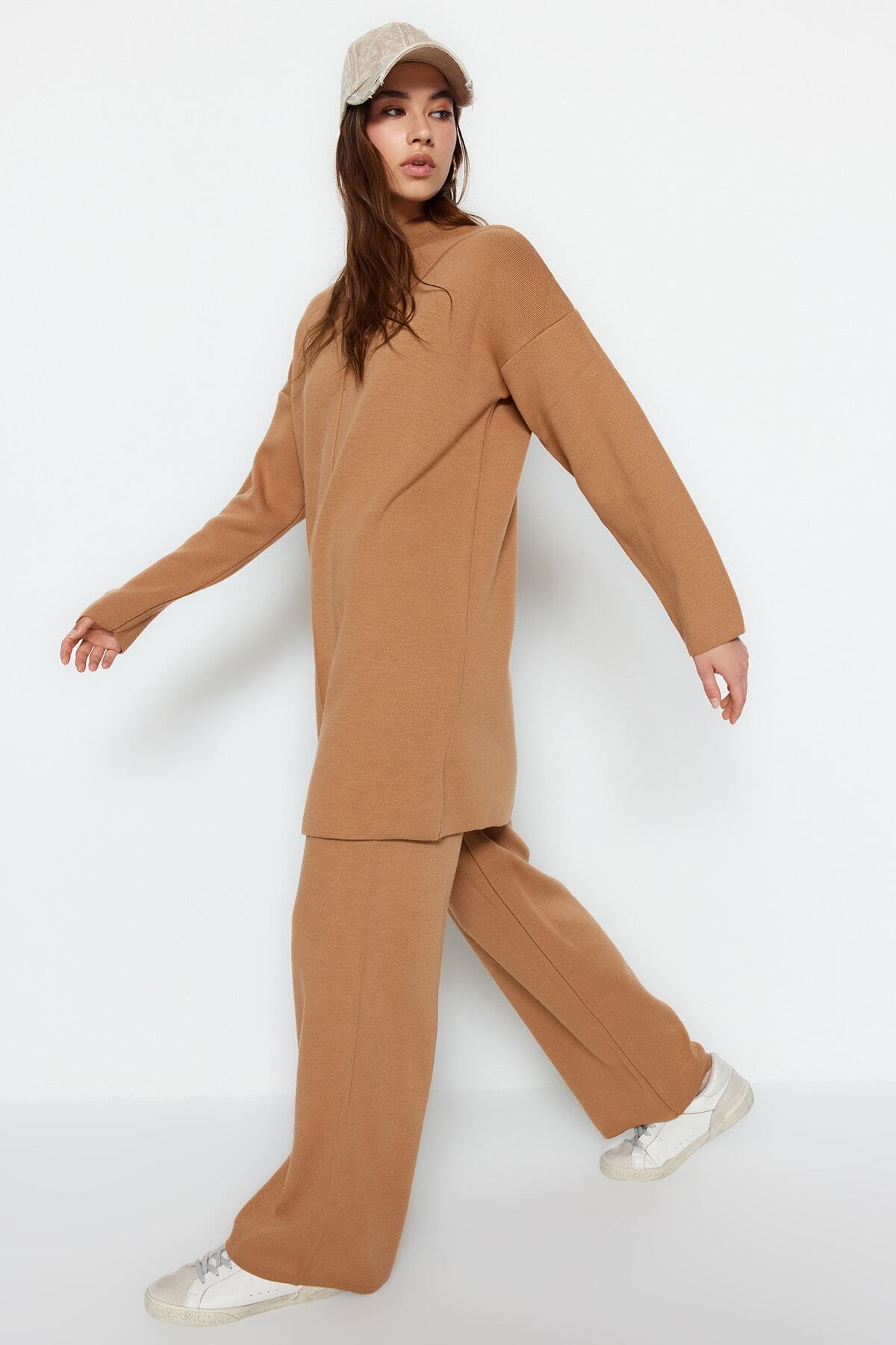 Trendyolmilla Modest Camel Triko Kazak-Pantolon Alt-Üst Takım TCTAW24US00019
