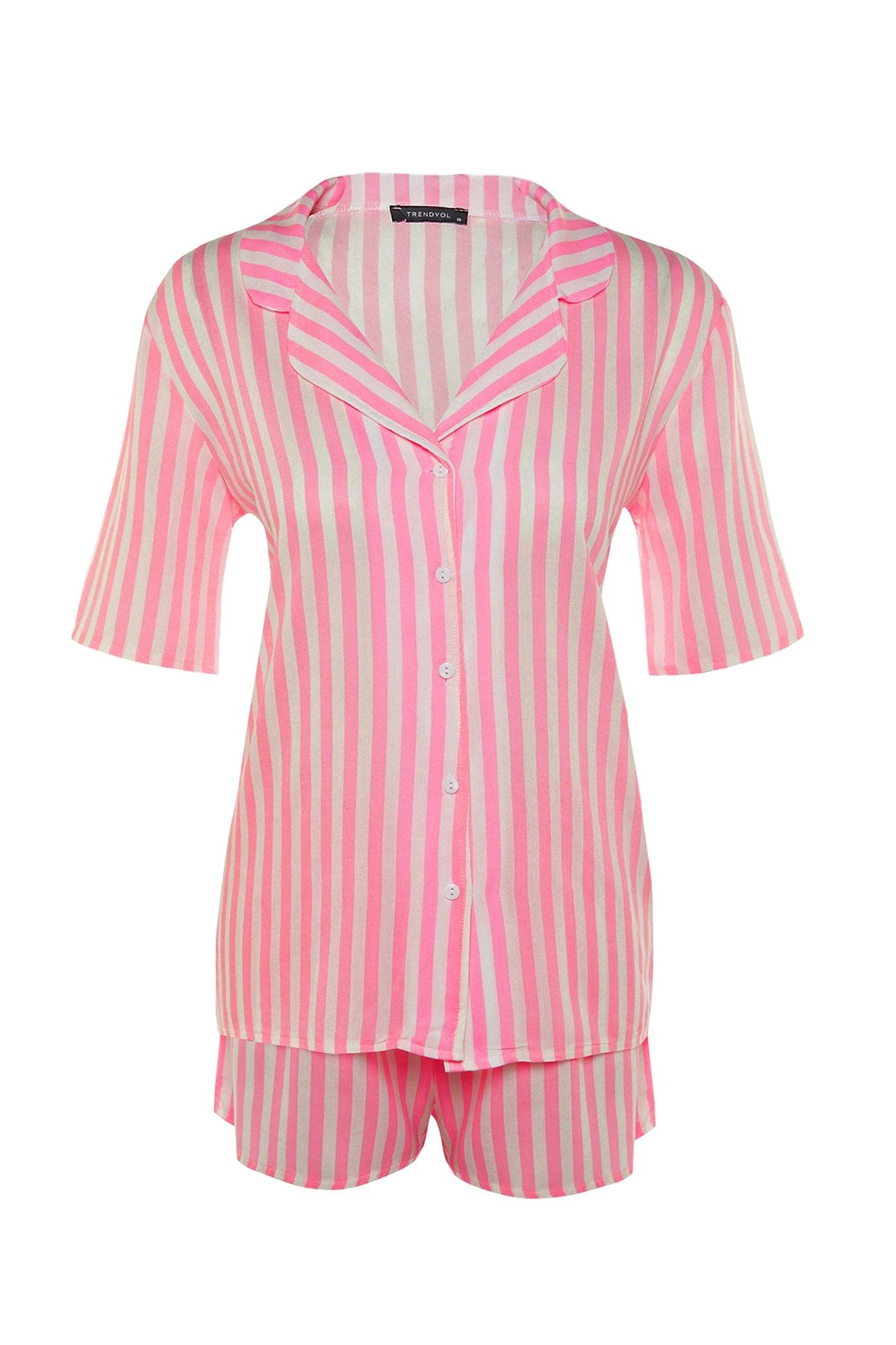 Kolekcia Trendyol-Ružový pruhovaný viskózový top Woven Pyžamový set so širokými šortkami THMSS21PT0179 12