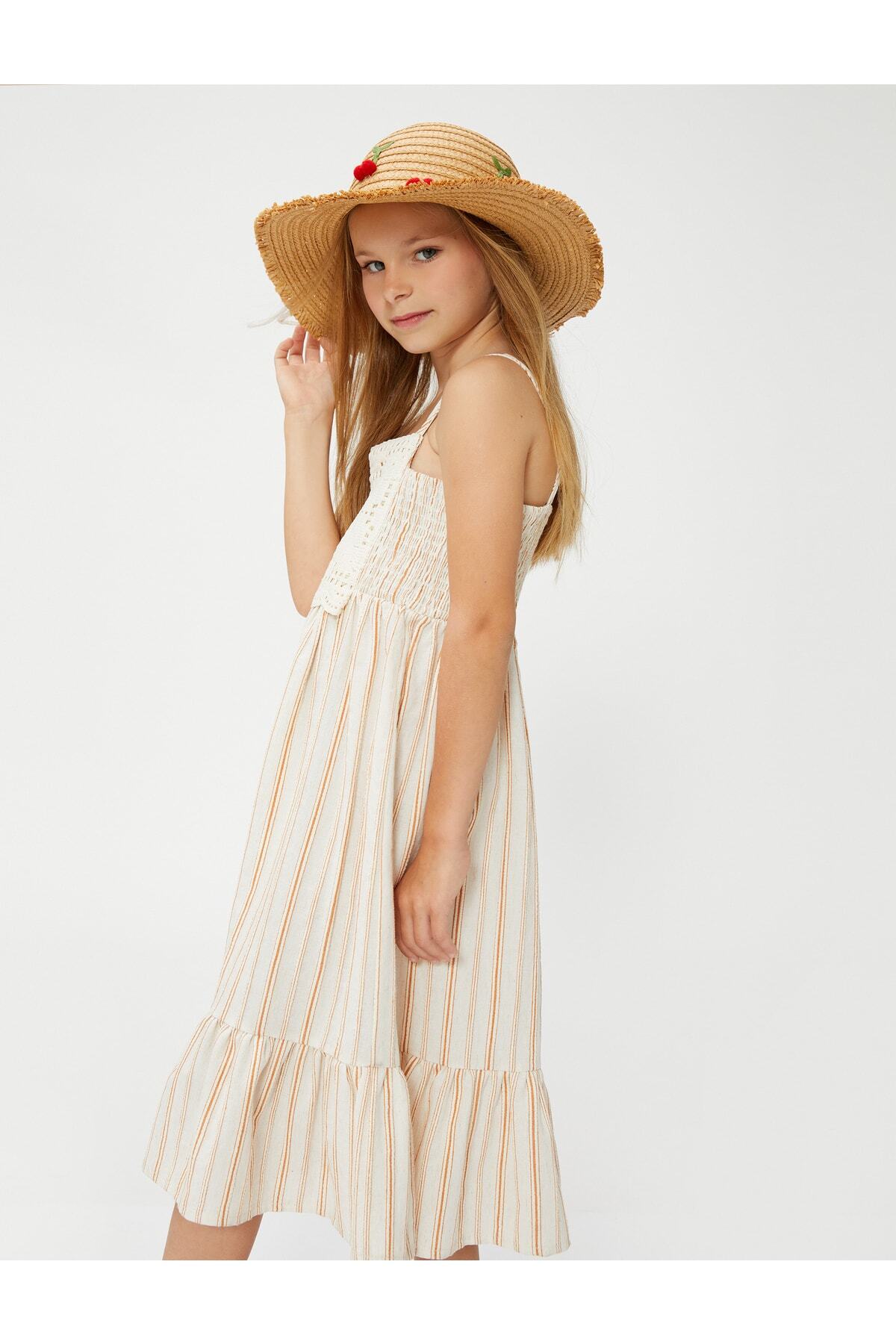 Koton Girls Crop Blouse - Beige Streifen Bluse Mit Trägerdetails