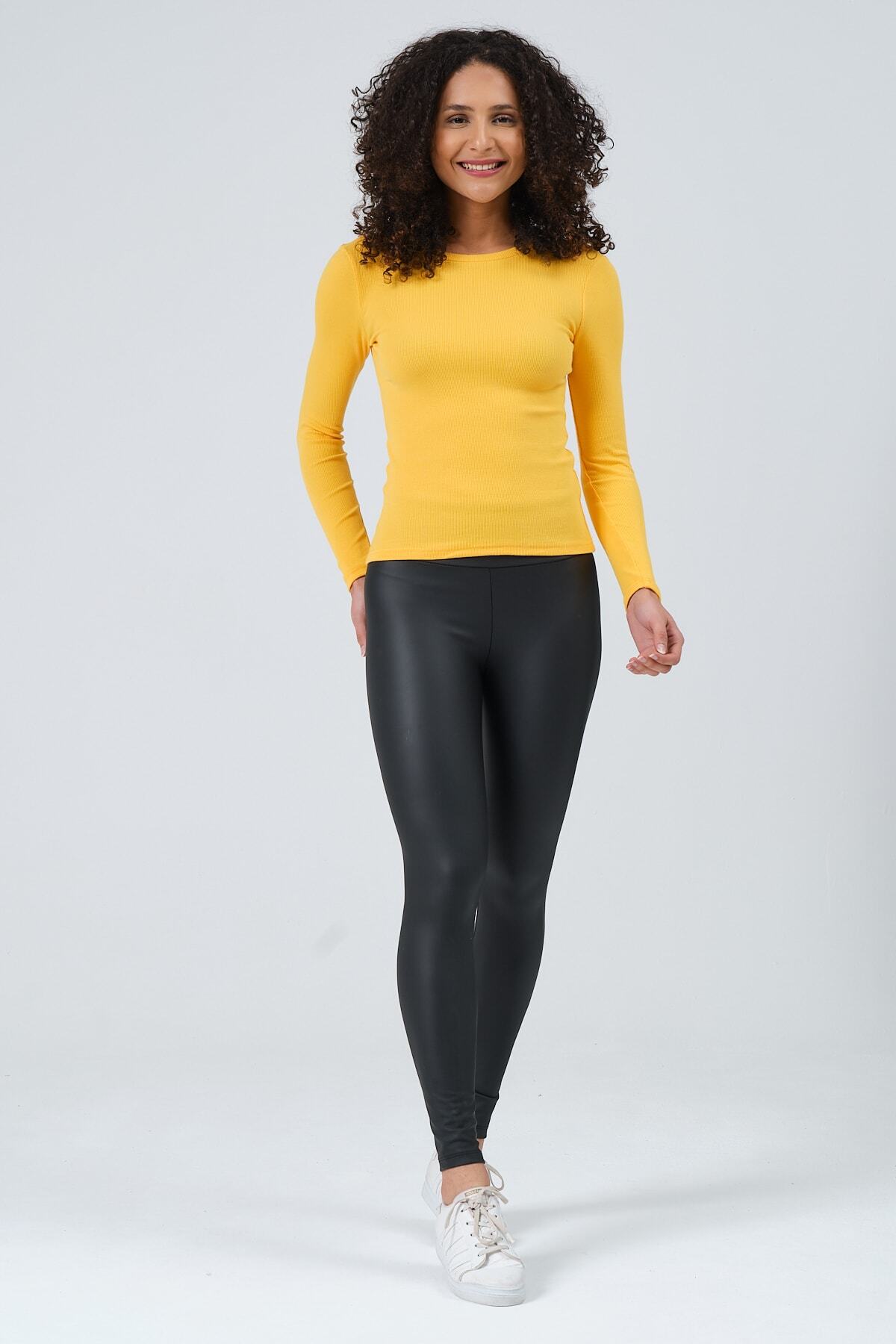 PUNKY CAT-Women's Yellow Long Sleeve Crew Neck Full Length Knitted Blouse 4
