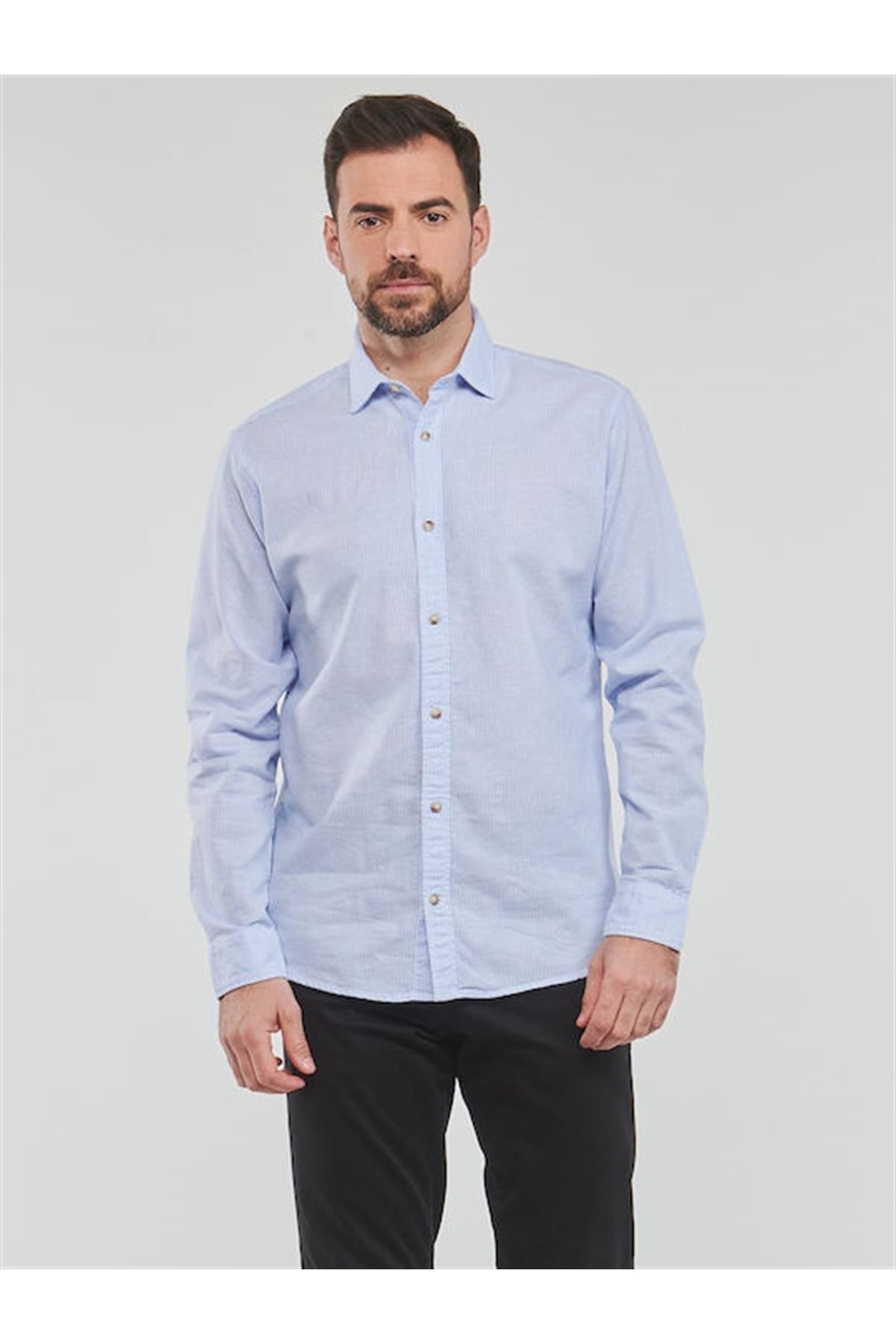 پیراهن جک اند جونز مردانه کتان پنبه ای آبی  راسته Slim Fit/اسلیم فیت    بیسیک کژوال/روزمره | Jack & Jones 12220134 TR - تصویر 5