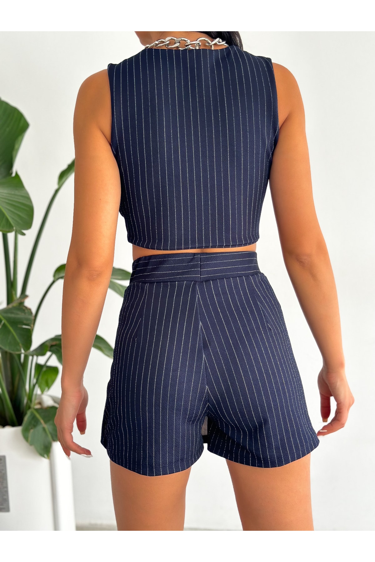 alenmoda  Kadın Çizgili Tek Yırtmaçlı Şort Etek - Görsel 3