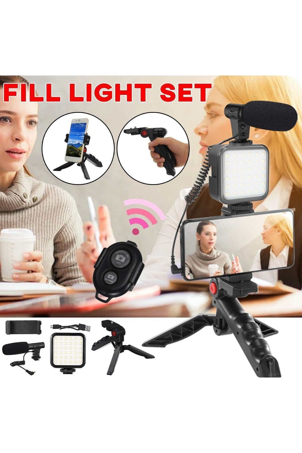 Profesyonel Vlogging Seti Video Kiti Tripod Mikrofon Led Işık Telefon Tutucu Kumandalı Selfie Vlog - 6