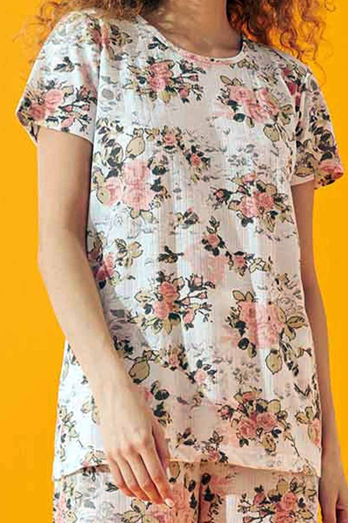 Siyah İnci-Salmon Flower Pattern Soft Touch Thin Knitted Shorts Set 4