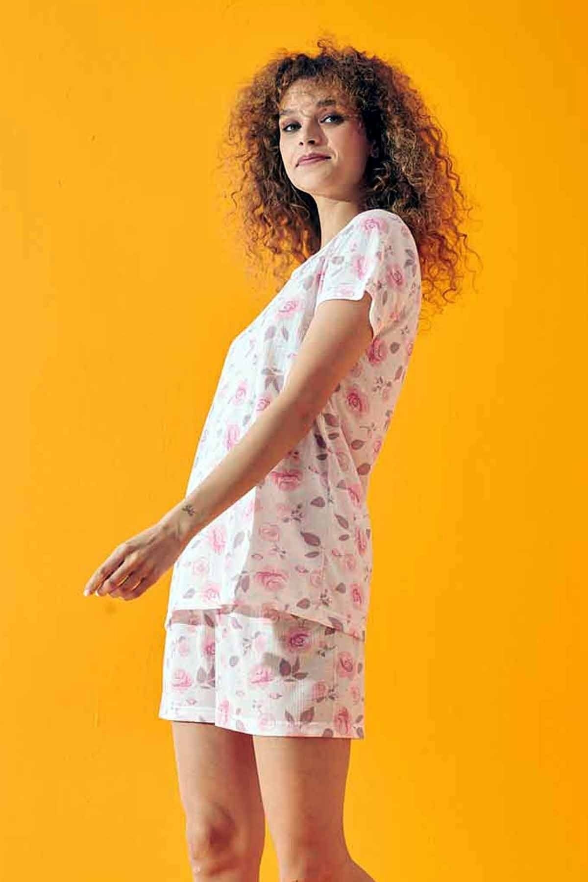 Siyah İnci-Pink Flower Pattern Soft Touch Thin Knitted Shorts Set 2