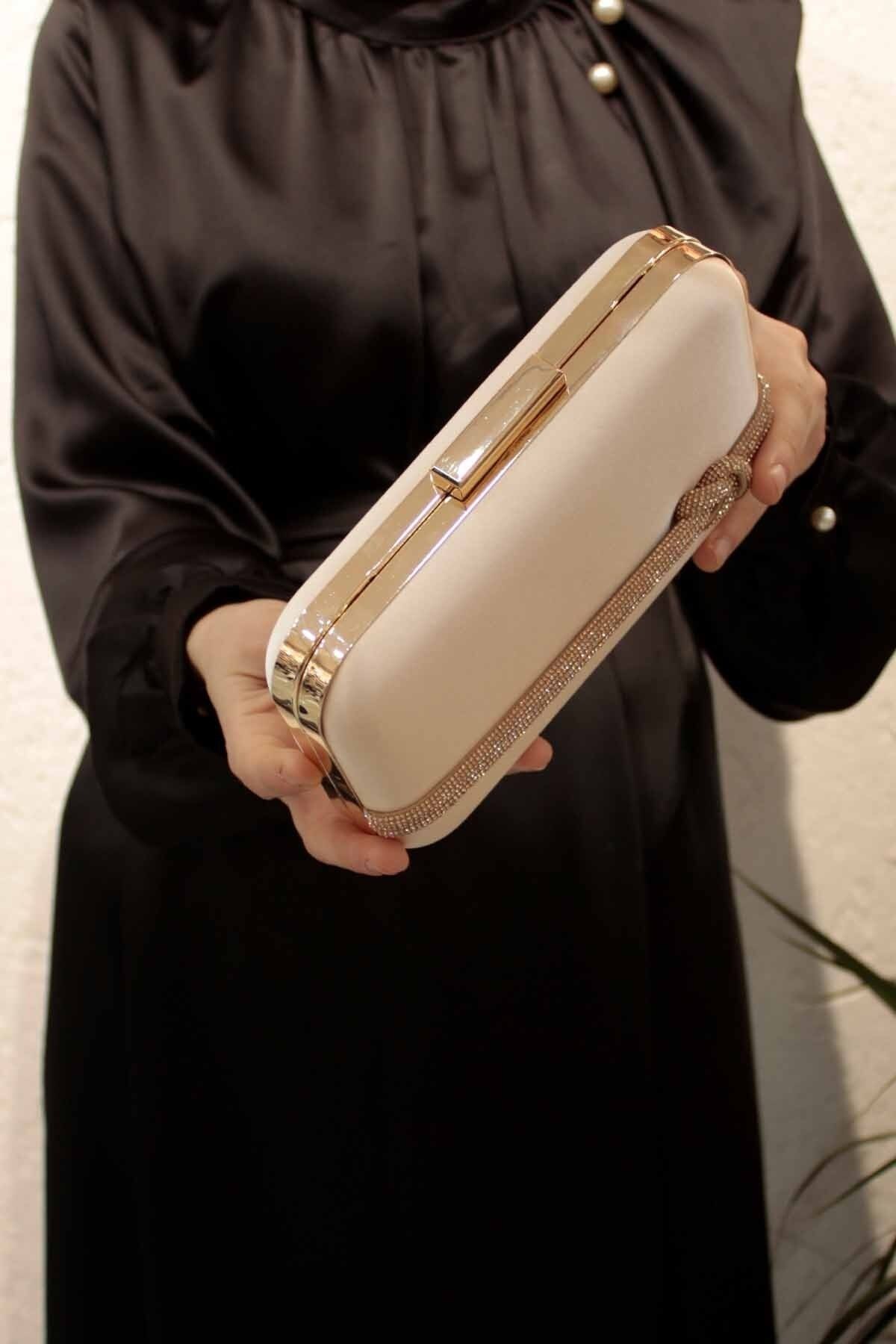 ROZA CANTA-Women's Nude Satin Stone Evening Dress Clutch Portfolio Evening Bag 4