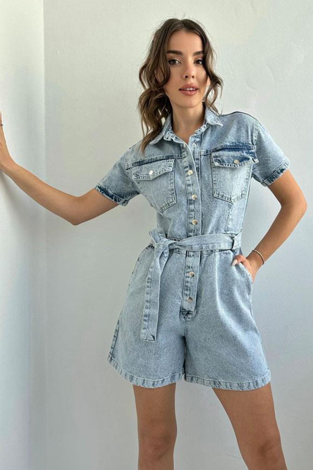 fehika Women s Blue Short Sleeve Pocket Belted Shirt Collar Short