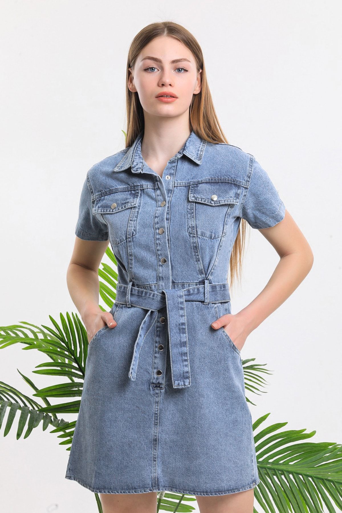 fehika Women s Blue Short Sleeve Pocket Belted Shirt Collar Short