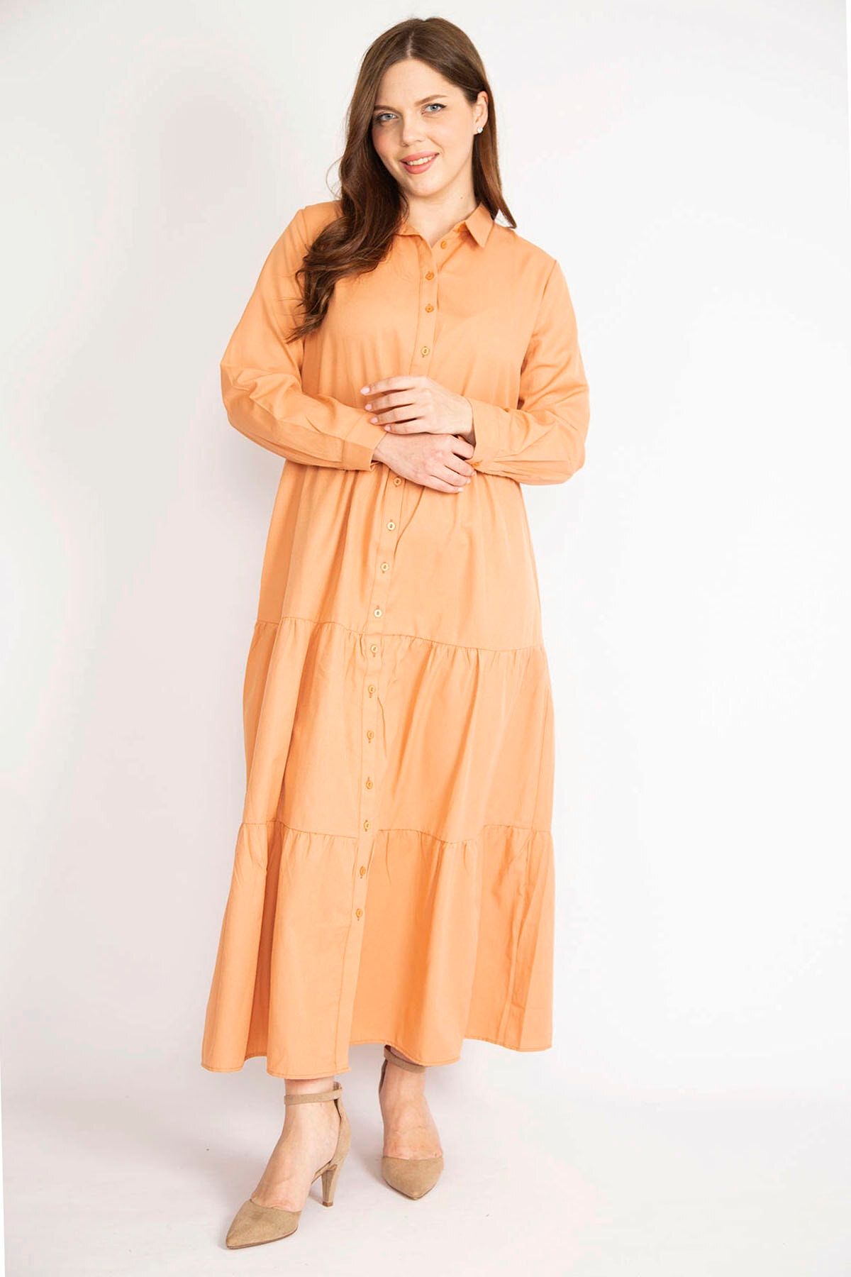 ans Women s Orange Plus Size Front Buttoned Layered Long Sleeve Dress