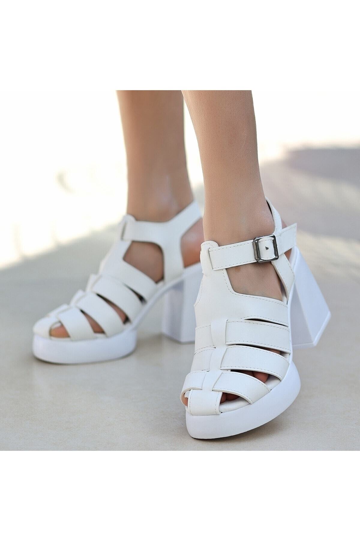 Kadın Deolp Beyaz Cilt Topuklu Sandalet