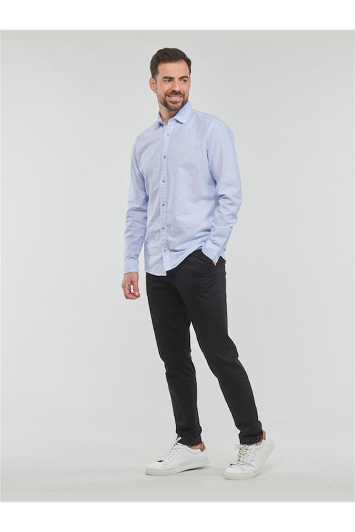 پیراهن جک اند جونز مردانه کتان پنبه ای آبی  راسته Slim Fit/اسلیم فیت    بیسیک کژوال/روزمره | Jack & Jones 12220134 TR - تصویر 3