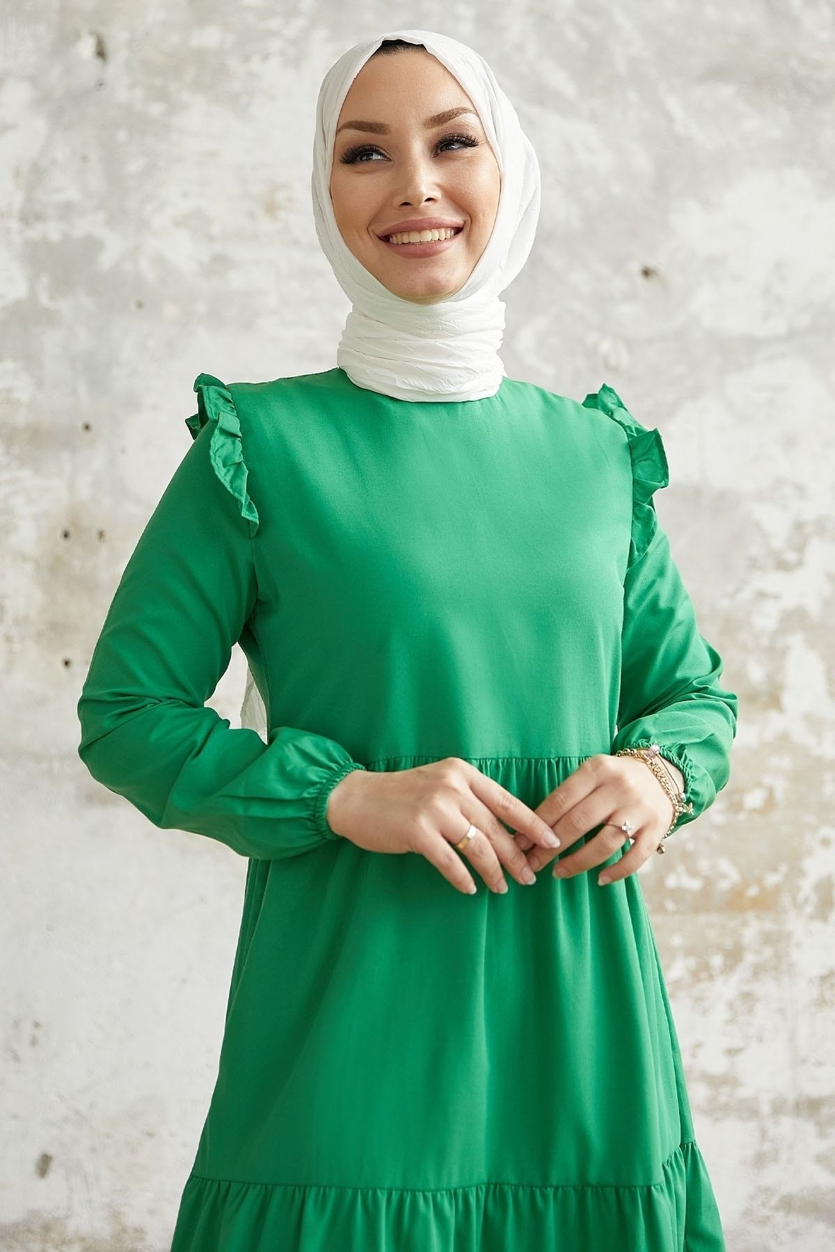 InStyle-Lenia Shoulder Ruffle Dress - Green 2