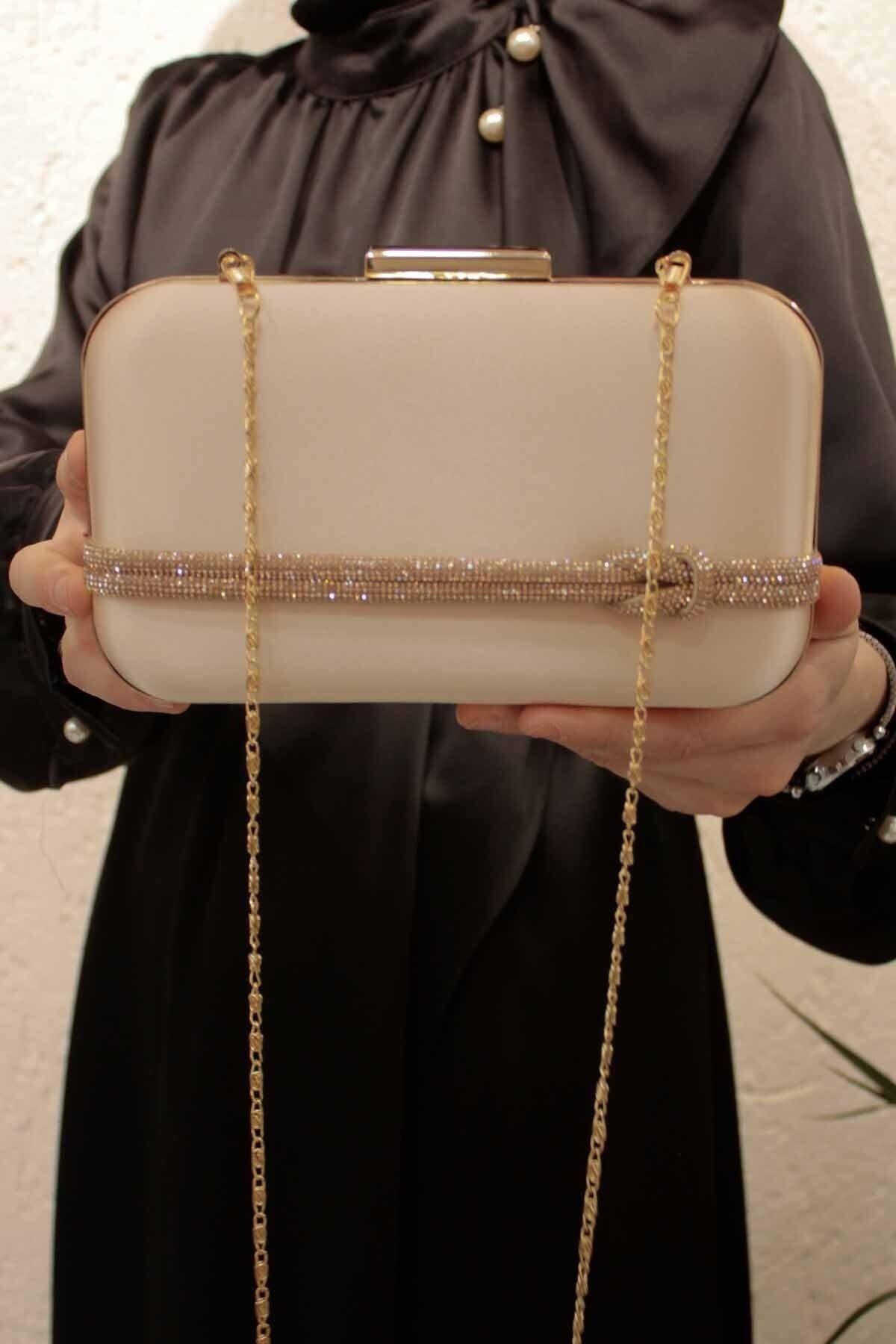 ROZA CANTA-Women's Nude Satin Stone Evening Dress Clutch Portfolio Evening Bag 1