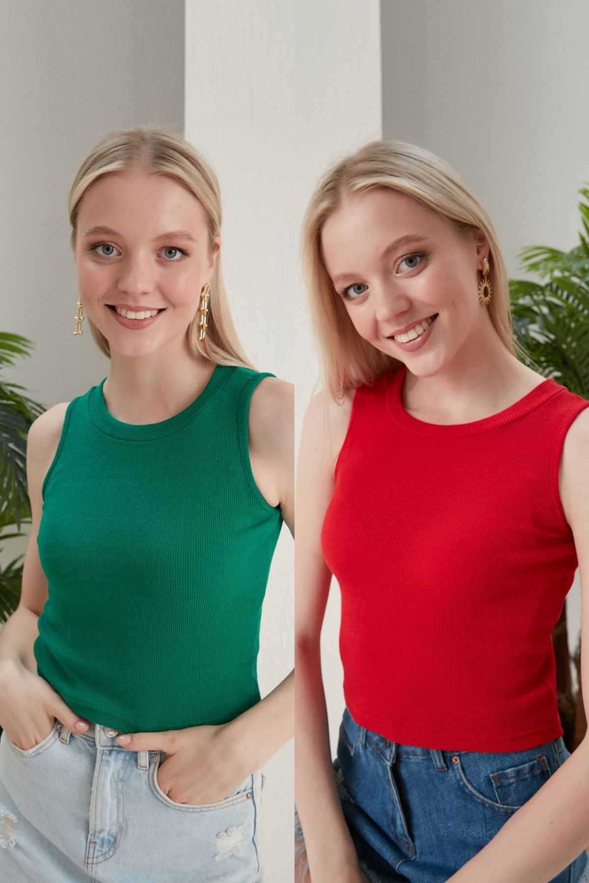 CATSPY Women's Green Red Halter Neck Ribbed 2-Pack Crop Blouse - Trendyol