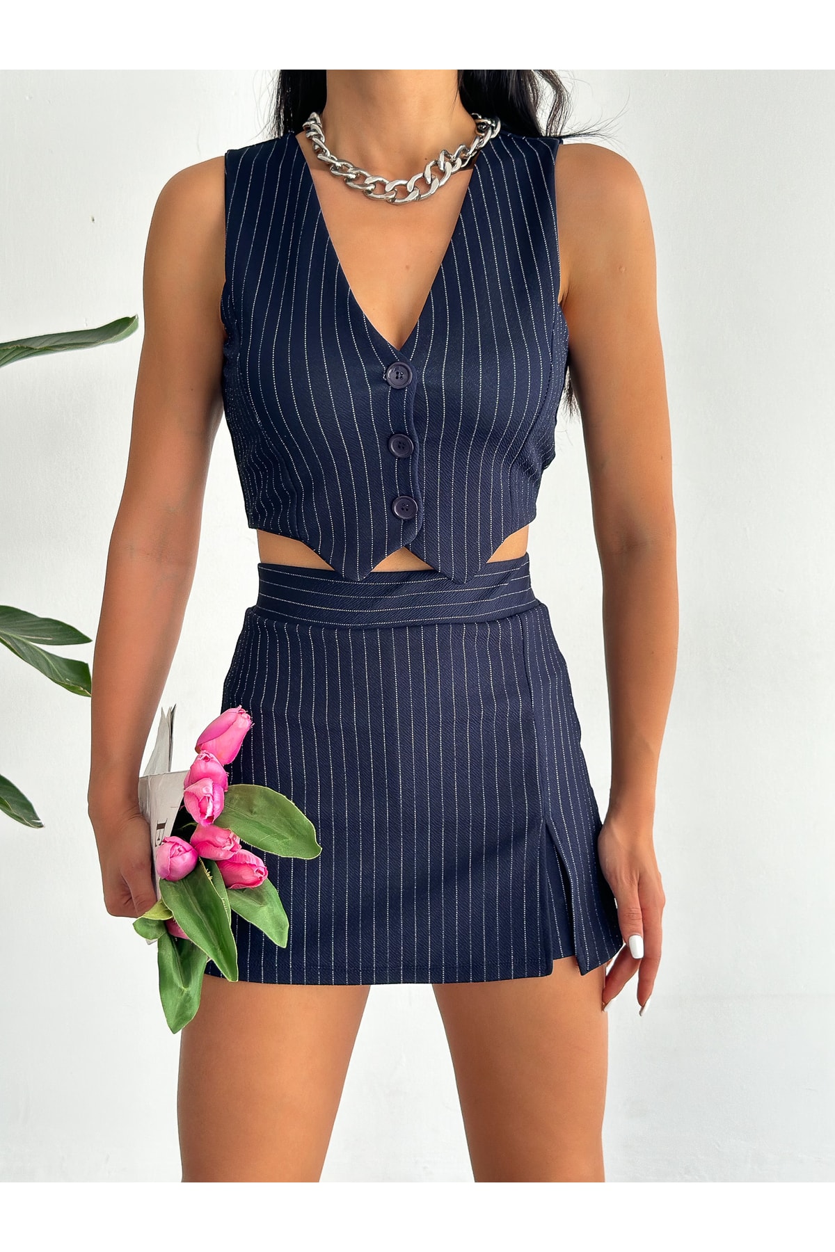 alenmoda  Kadın Çizgili Tek Yırtmaçlı Şort Etek - Görsel 5