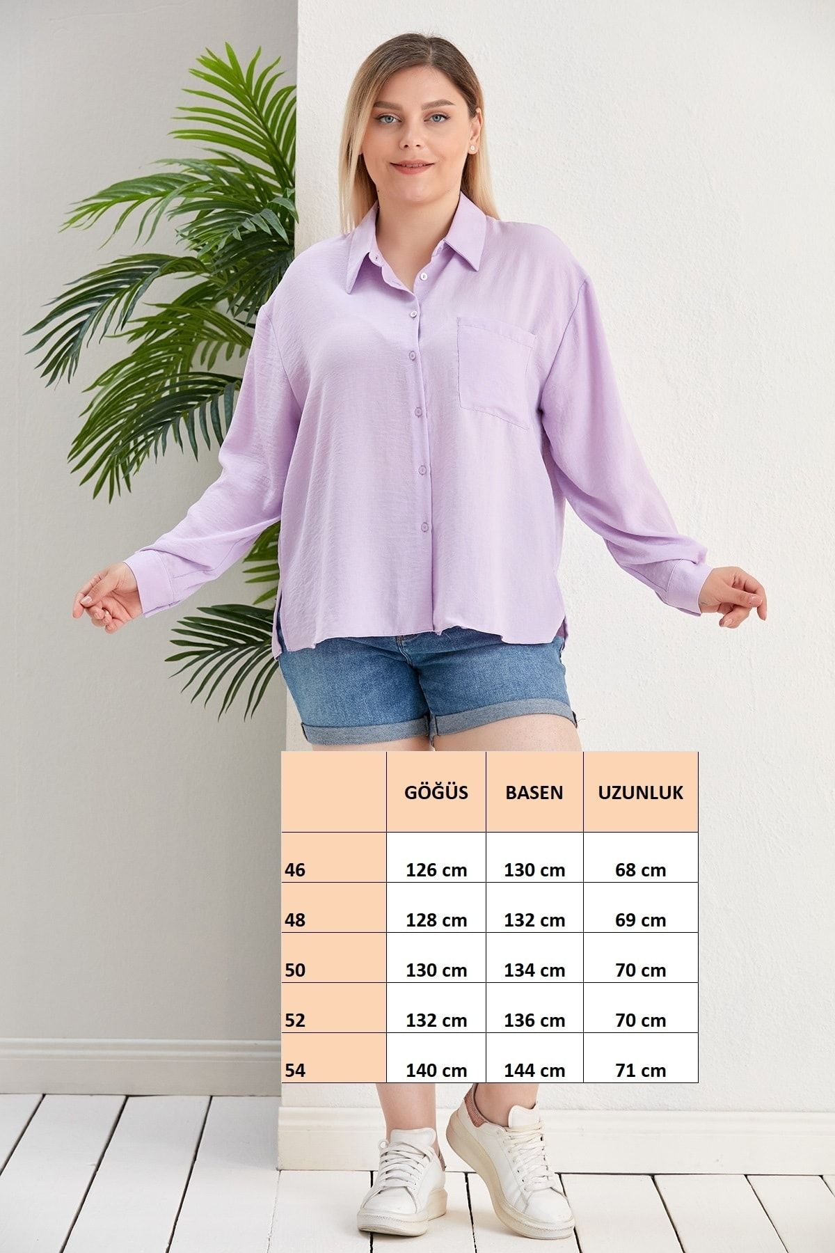 For Big Trend-Women's Large Size One Pocket Back Single Pleat Long Sleeve Side Slit Woven Shirt 2