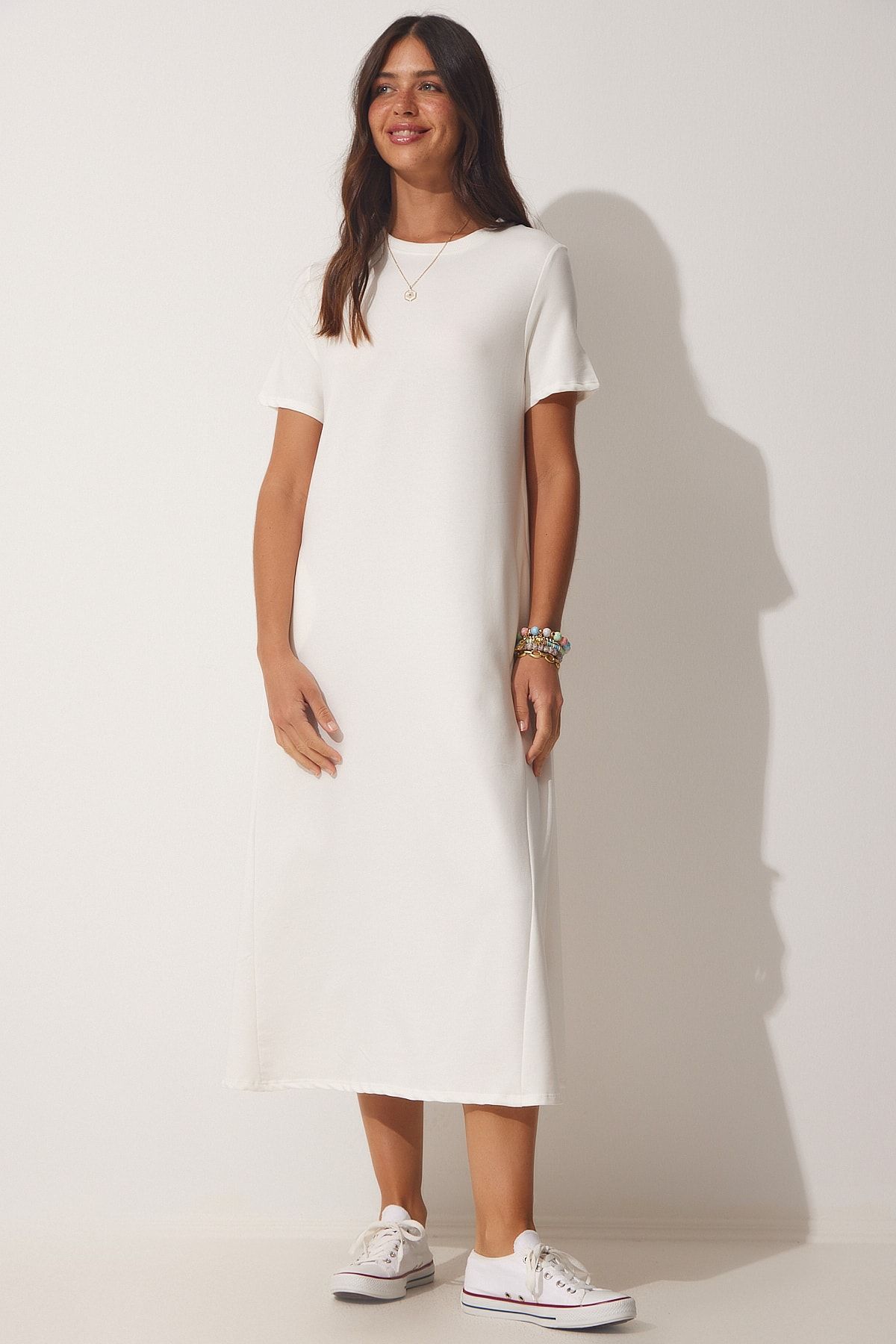 Happiness İstanbul-Ecrufarbenes A-Linien-Sommerkleid aus gekämmter Baumwolle für Damen UB00060 1