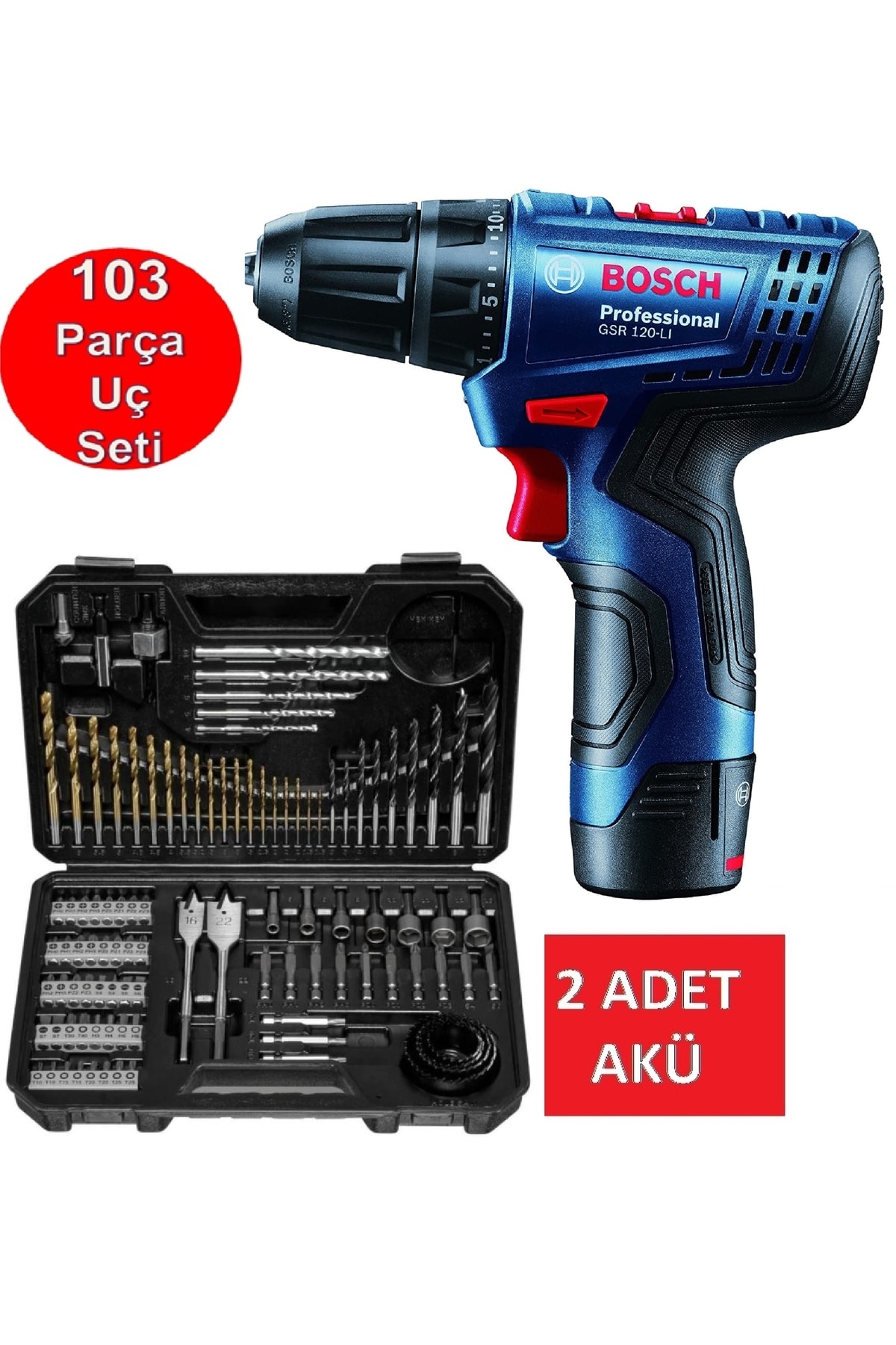 Bosch Matkap Darbesiz Çift Akülü Şarjlı Matkap Akülü Vidalama + Matkap Ucu Vidalama Ucu Seti