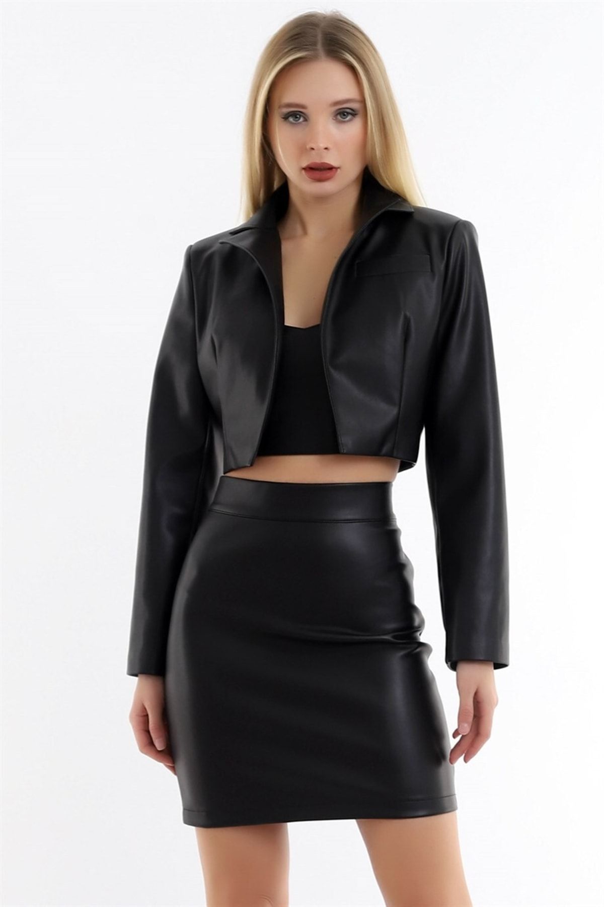 Pencil skirt sale leather jacket