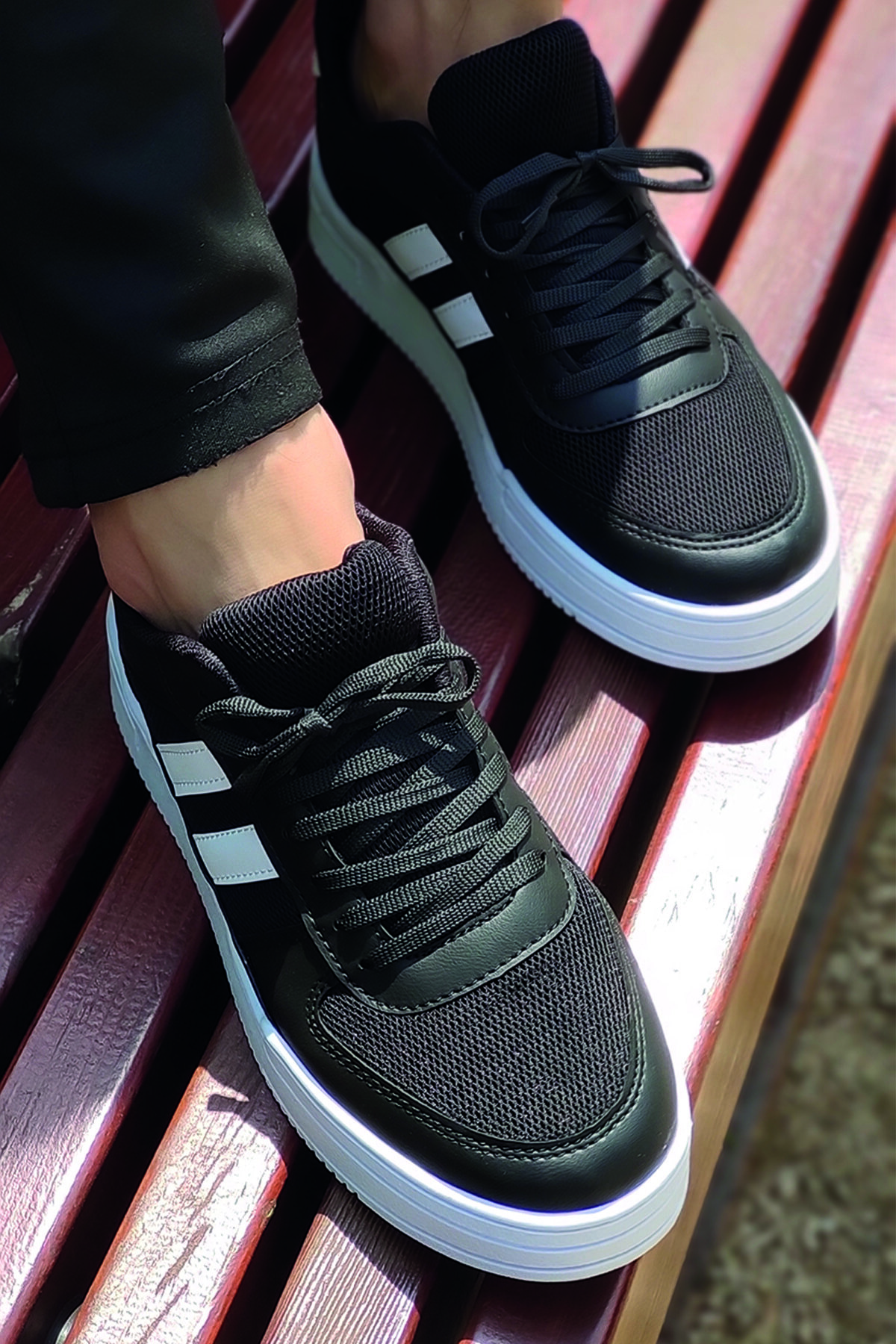 FLY STEP  Unisex Siyah Beyaz Çizgili Bağcıklı Rahat Kalıp Sneaker Casual Hava Alabilen Yürüyüş Ayakkabısı - Görsel 3