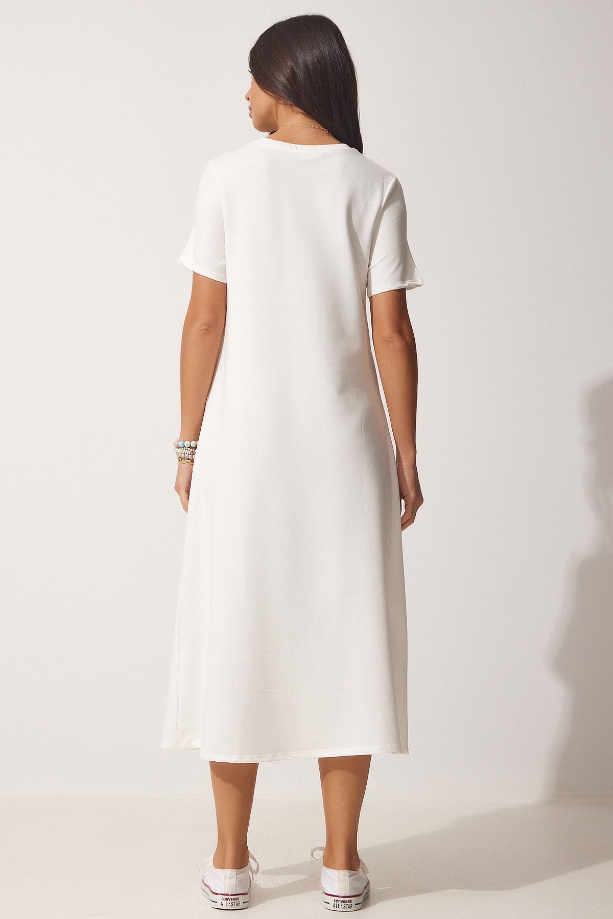 Happiness İstanbul-Ecrufarbenes A-Linien-Sommerkleid aus gekämmter Baumwolle für Damen UB00060 4
