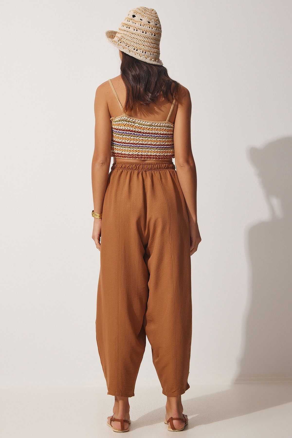 Happiness İstanbul-Damen-Shalwar-Hose aus Leinen-Viskose mit Taschen in Kamelfarben CV00001 4