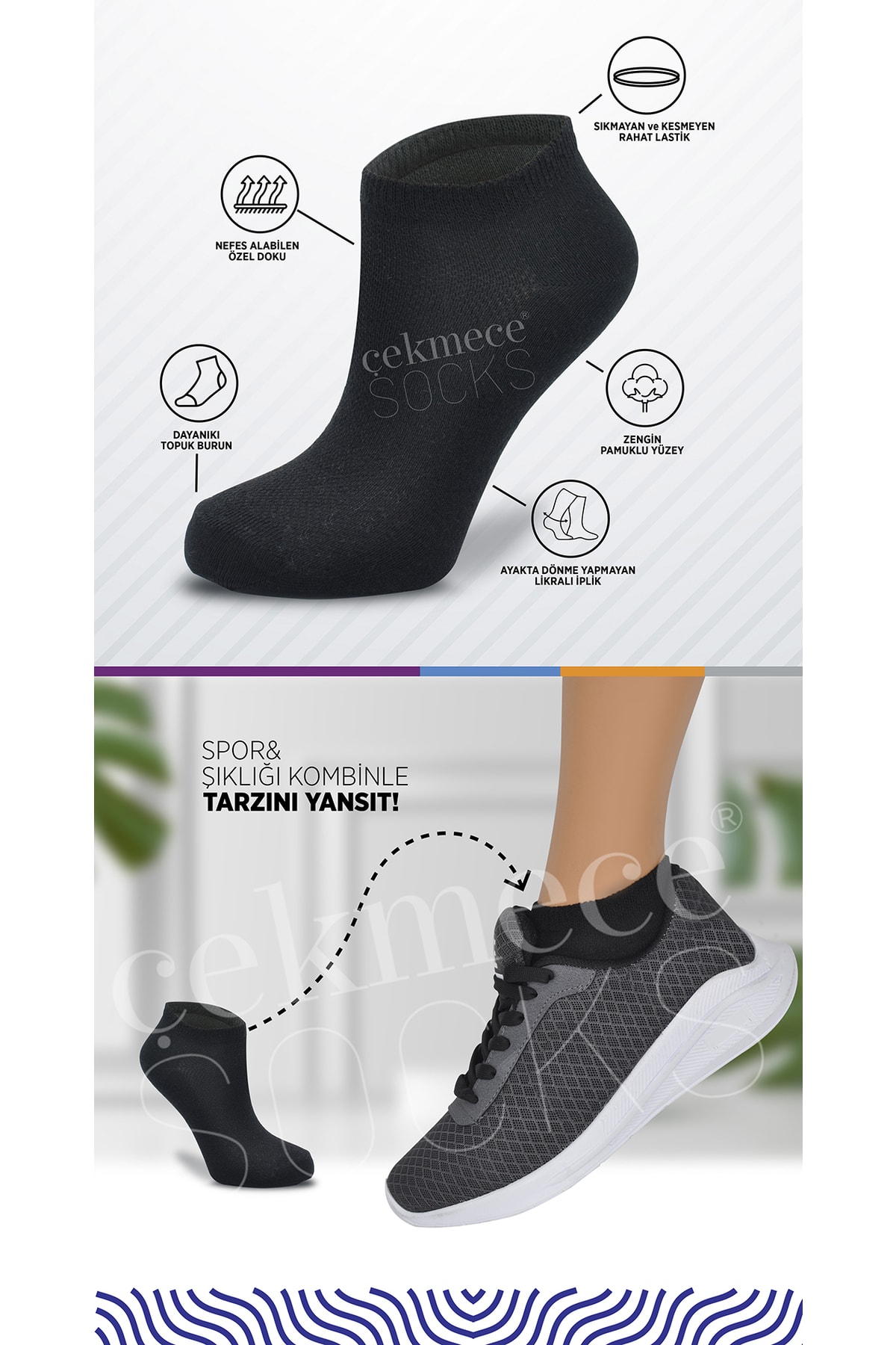 Çekmece 12'li Ekonomik Pamuk Unisex Karışık Renk Patik Çorap görsel 2
